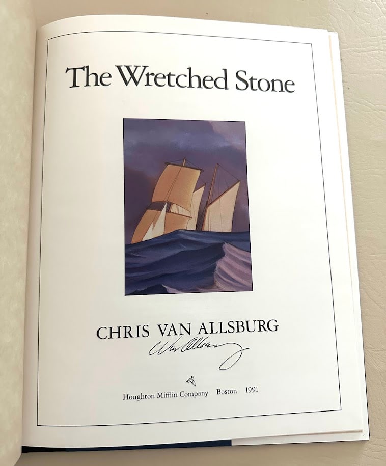 Chris Van Allsburg. The Wretched Stone. Signed: Boston: 1991. 4to; full page color illustrations by the author; fine copy in jacket. First printing. SIGNED by the author on the title page.