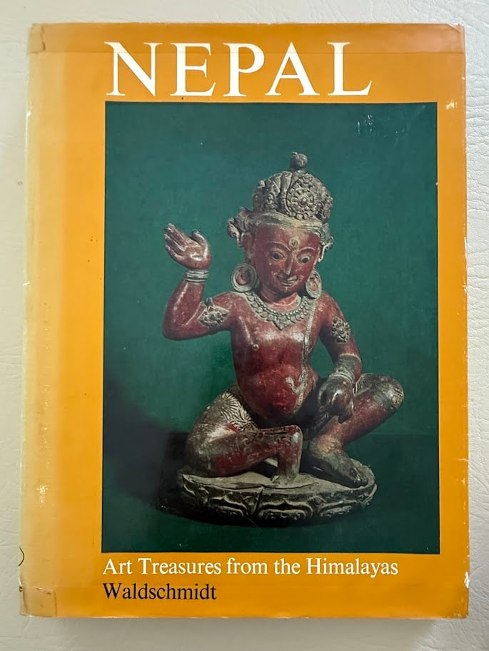 Ernst & Rose Waldschmidt. Nepal. Art Treasures from the Himalayas.: 4to; 158pp; boards; color pictorial jacket; illustrated with photographs; jacket slightly worn, with a small tear tear at upper corner of rear panel, otherwise very good. First American edition.