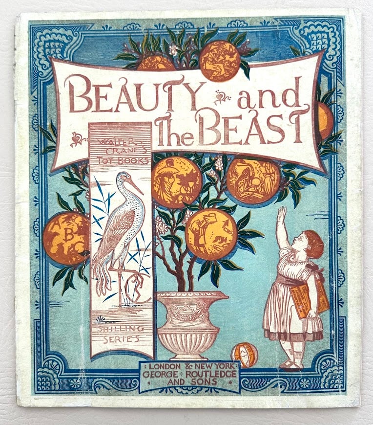Walter Crane. Beauty and the Beast.: London: George Routledge, c1874. Large 4to; 6pp; color pictorial card covers; with one double page color and four full page color illustrations by Crane; covers moderately worn and faded and with a cr