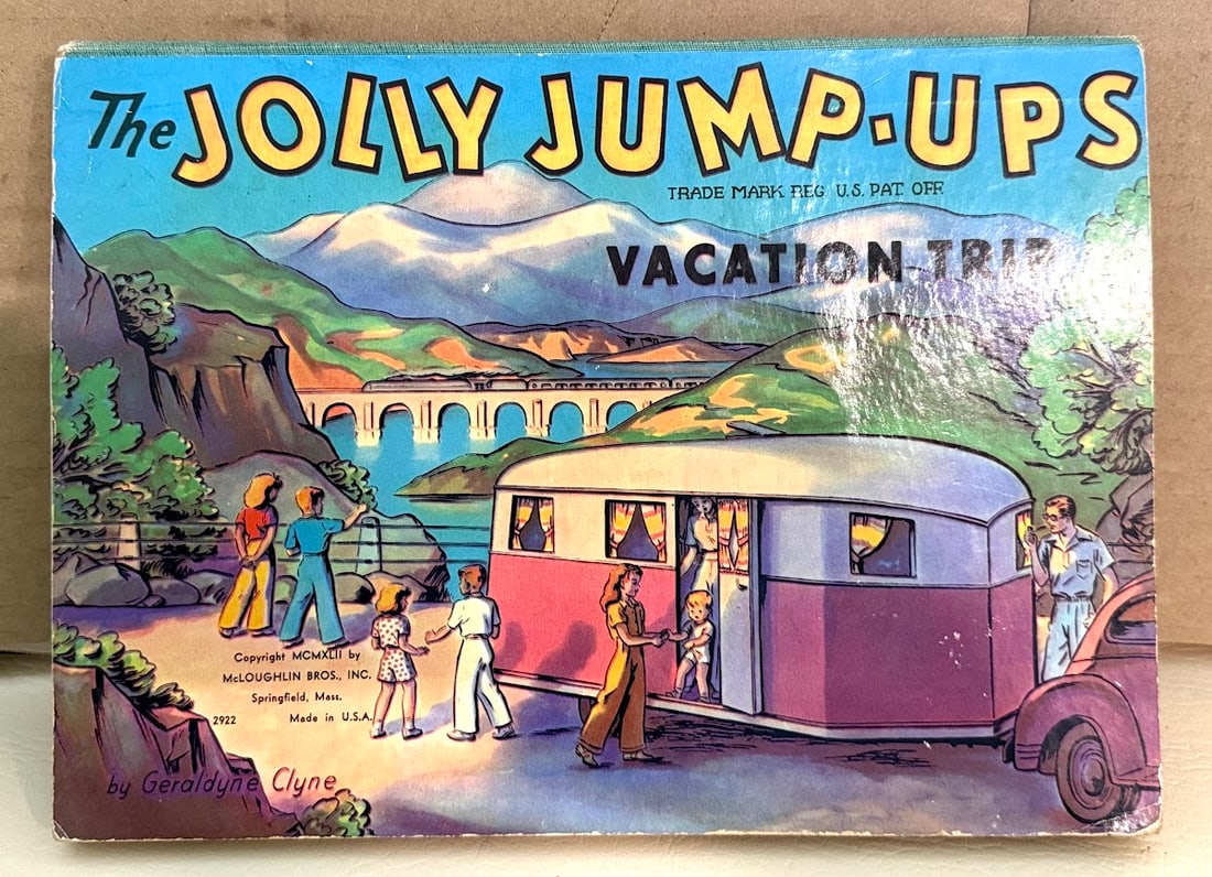 [POP-UP] Jolly Jump-Ups Vacation Trip, by Geraldyne Clyne.: Springfield: McLoughlin Bros., 1942. Oblong 4to; color pictorial boards; illustrated with six color pop-ups; cover edges lightly worn; lightly faded, otherwise very good.