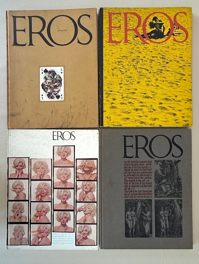 Marilyn Monroe. Eros, a Quarterly Magazine, four volumes.: New York: 1962. First editions. Four volumes complete; each bound in decorative boards; illustrated. Issue number three contains the selection of Monroe's photos, including some nude shots taken by Be