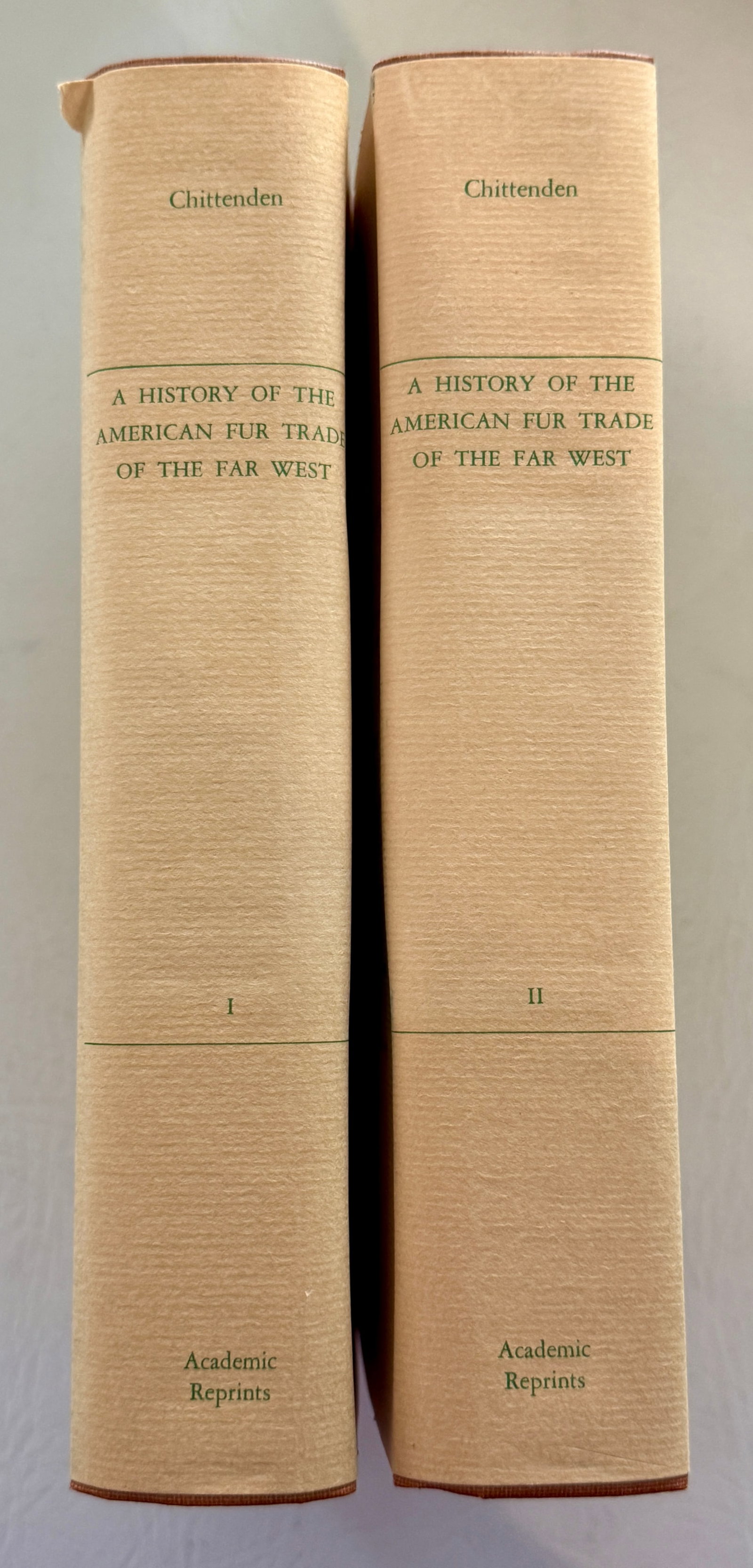Hiram Chittenden. The American Fur Trade of the Far West. A History of the Pioneer Trading Posts and: Stanford: Academic Reprints, 1954. 2 volumes, 1029 pages; illustrated with 10 photographs; first edition thus with a new introduction. A very fine set with pictorial jackets; with the original band