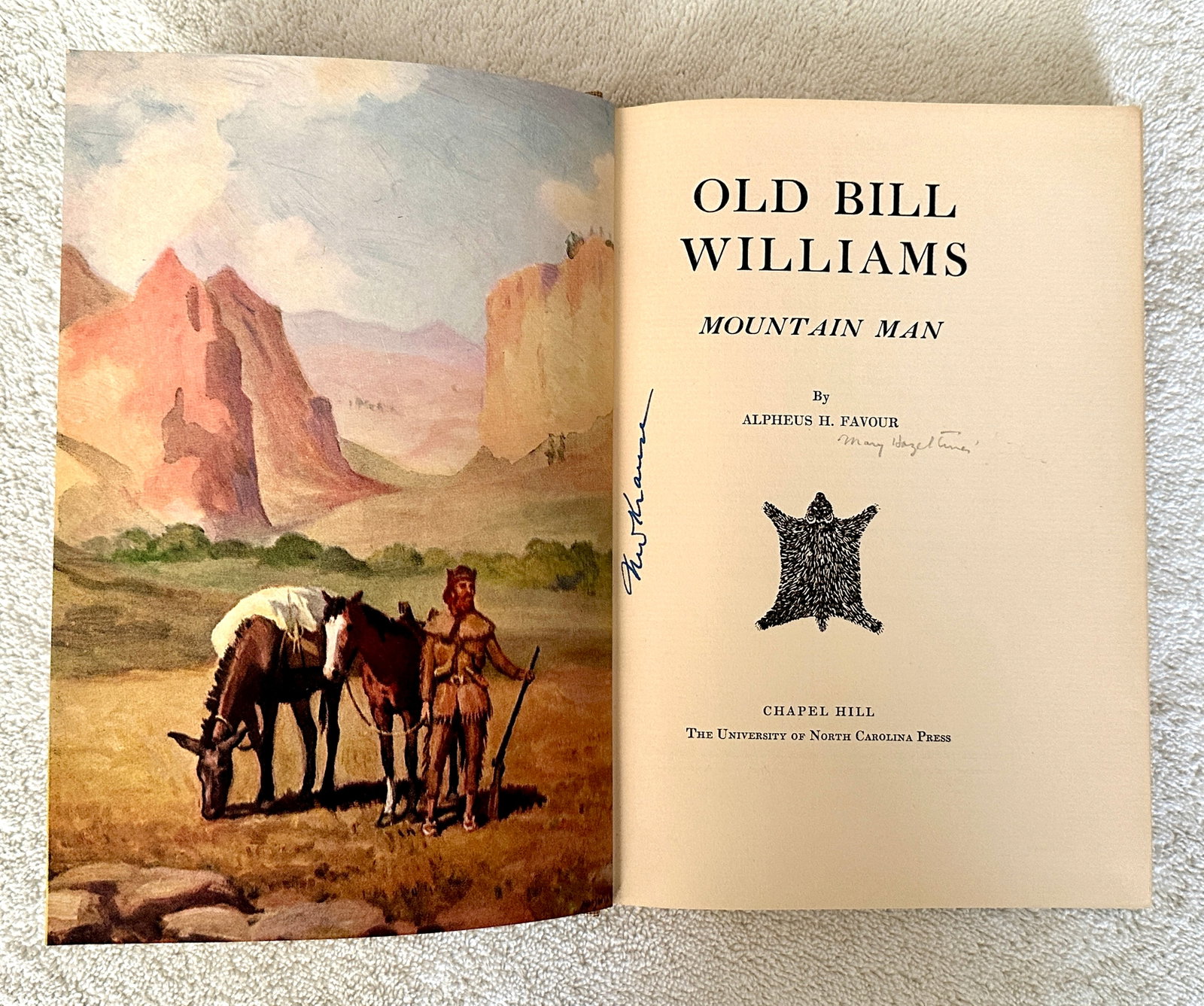 Alpheus Favour. Old Bill Williams Mountain Man.: Chapel Hill: 1936. 8vo; 229pp; cloth; illustrated; with one folding map; with former owners signature on the blank inner margin on the title page, a few light pencil notes, bookplate on front