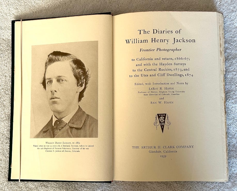 LeRoy R. Hafen. The Diaries of William Henry Jackson. Frontier Photographer to California and return: Glendale: Arthur H. Clark, 1959. 4to; 335pp; gilt lettered cloth; with 15 illustrations and one large folding map; first few leaves with slight crease in outer margin, otherwise a fine copy.