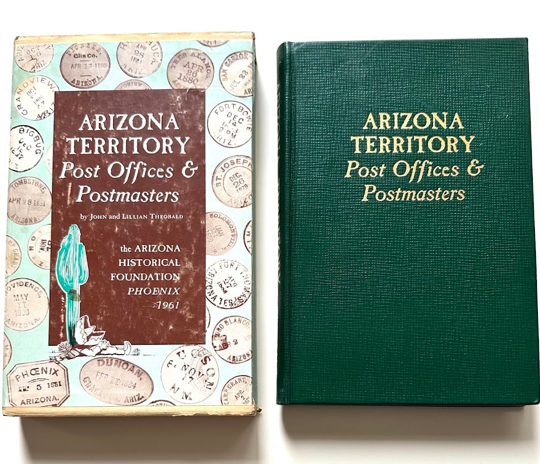 John and Lillian Theobald. Arizona Territory. Post Offices & Postmasters.: Phoenix: Arizona Historical Foundation, 1961. 8vo; 178pp; illustrated with numerous photographs; bound in full green leather. SIGNED by Barry Goldwater on page ix, as chairman of the board. Fine copy 