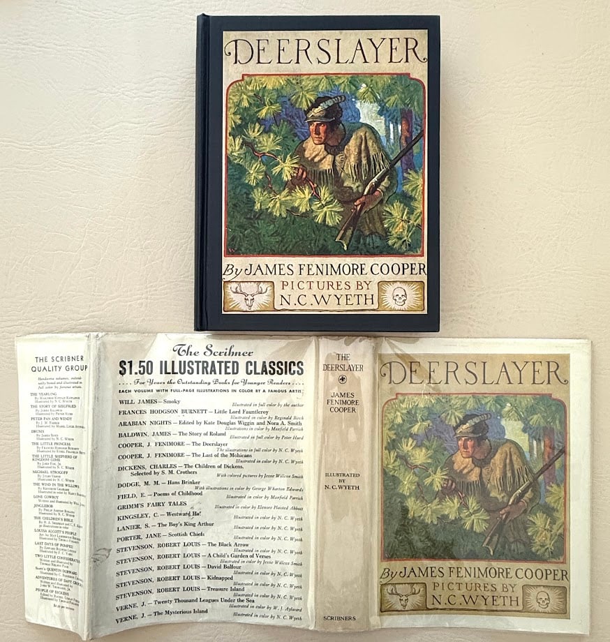 [Binding] N.C. Wyeth. The Deerslayer or the First War-Path, by James Fenimore Cooper.: New York: Scribner's Sons, 1929. 8vo; 462pp; black cloth covers with color pictorial label upper cover, spine gilt lettered; illustrated with pictorial end papers, color title page and nine color plat
