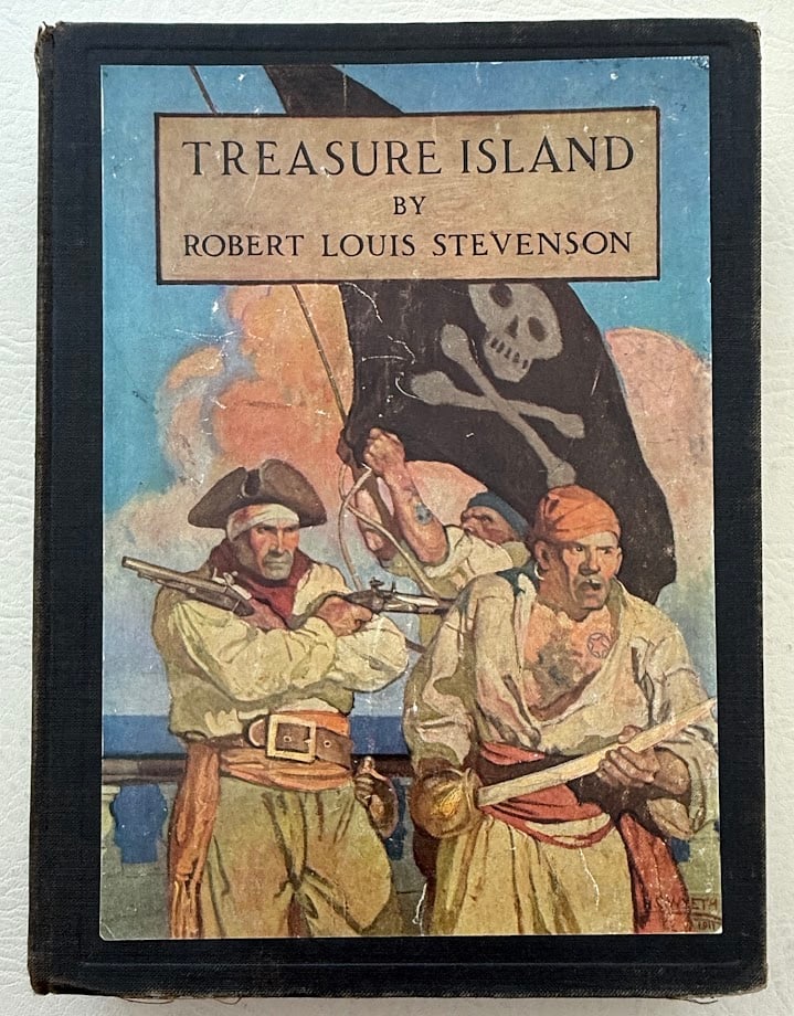 N.C. Wyeth. Treasure Island.: New York: Scribner's Sons, 1911. 8vo; 273pp; black cloth with color pictorial label front cover; gilt lettered spine; illustrated with pictorial end papers, color title page and fourteen color