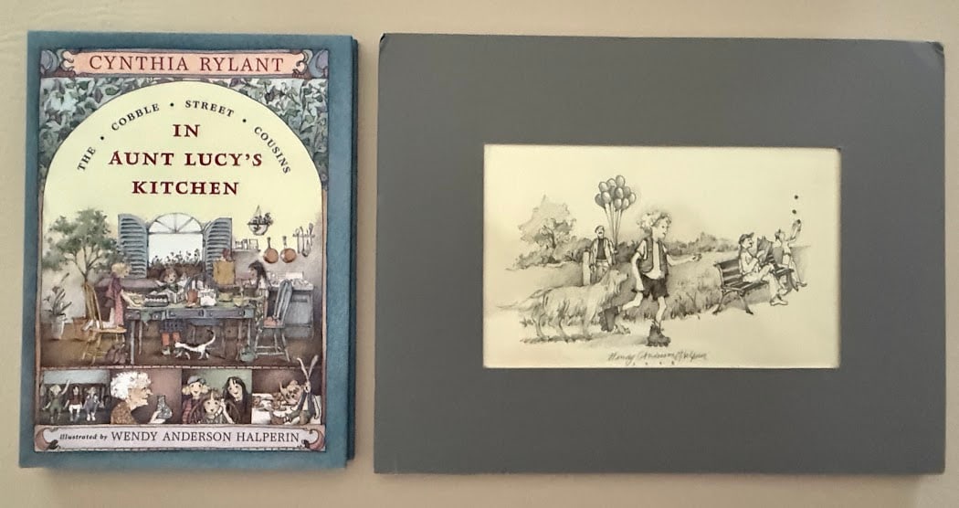 Cynthia Rylant. In Aunt Lucy's Kitchen.: New York: 1988. New York: 1988. 12mo; 55pp; color pictorial boards, with matching jacket; color and b/w illustrations by Wendy Anderson Halperin. Fine copy. First edition. With an original pencil draw
