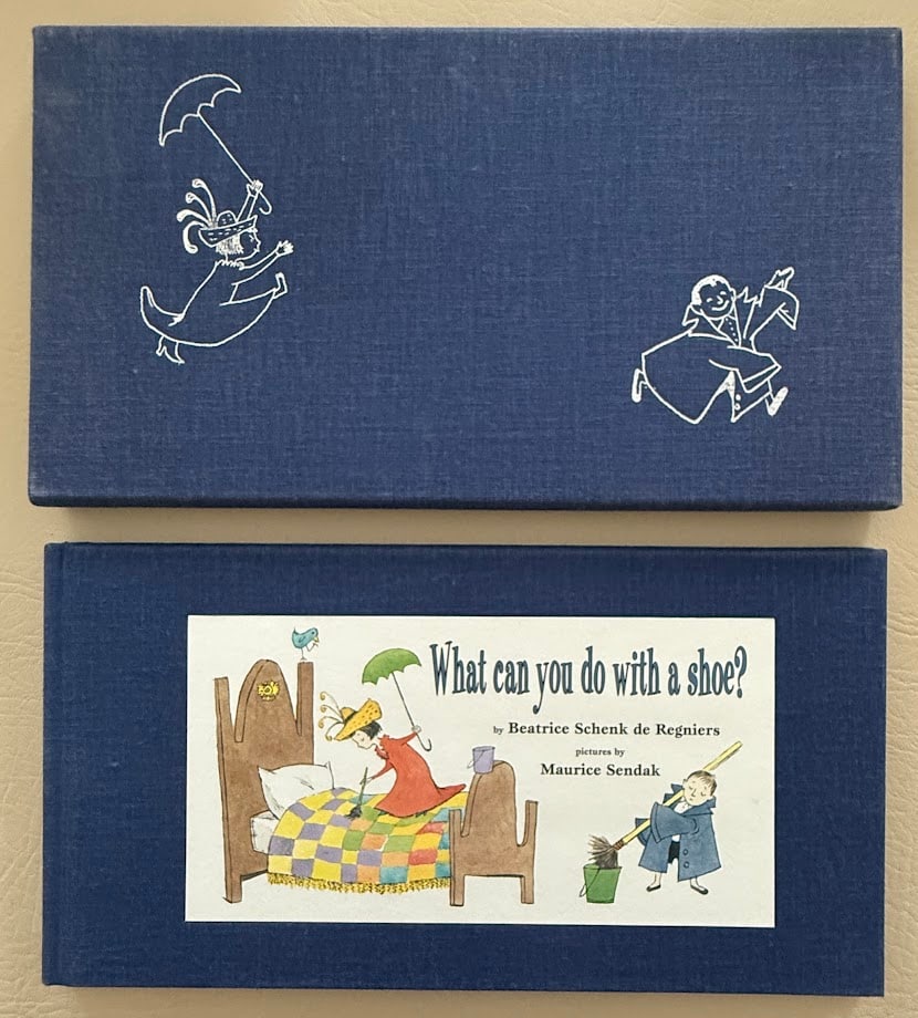 Maurice Sendak. What Can You Do with a Shoe, by Beatrice Schenk de Regniers.: New York: 1997. Oblong 8vo; color illustrations by Sendak. Fine in special cloth binding with color pictorial label upper cover; with the original slipcase. Deluxe edition limited to 250 numbered copi
