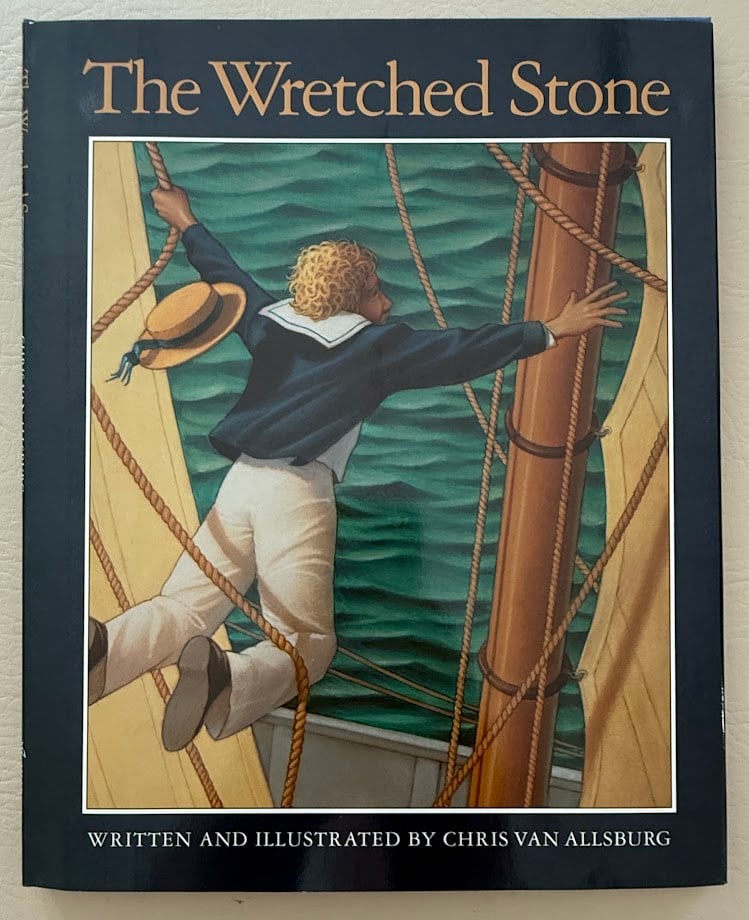 Chris Van Allsburg. The Wretched Stone.: Boston: 1991. 4to; cloth backed gilt decorated cloth; color pictorial jacket; with numerous full page color illustrations by the author. First printing. SIGNED by Van Allsburg on the title page. Inclu