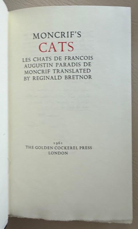 Reginald Bretnor, translator. Moncrif's Cats. Les Chats de Francois Augustin Paradis de Moncrif. (1 of 5)