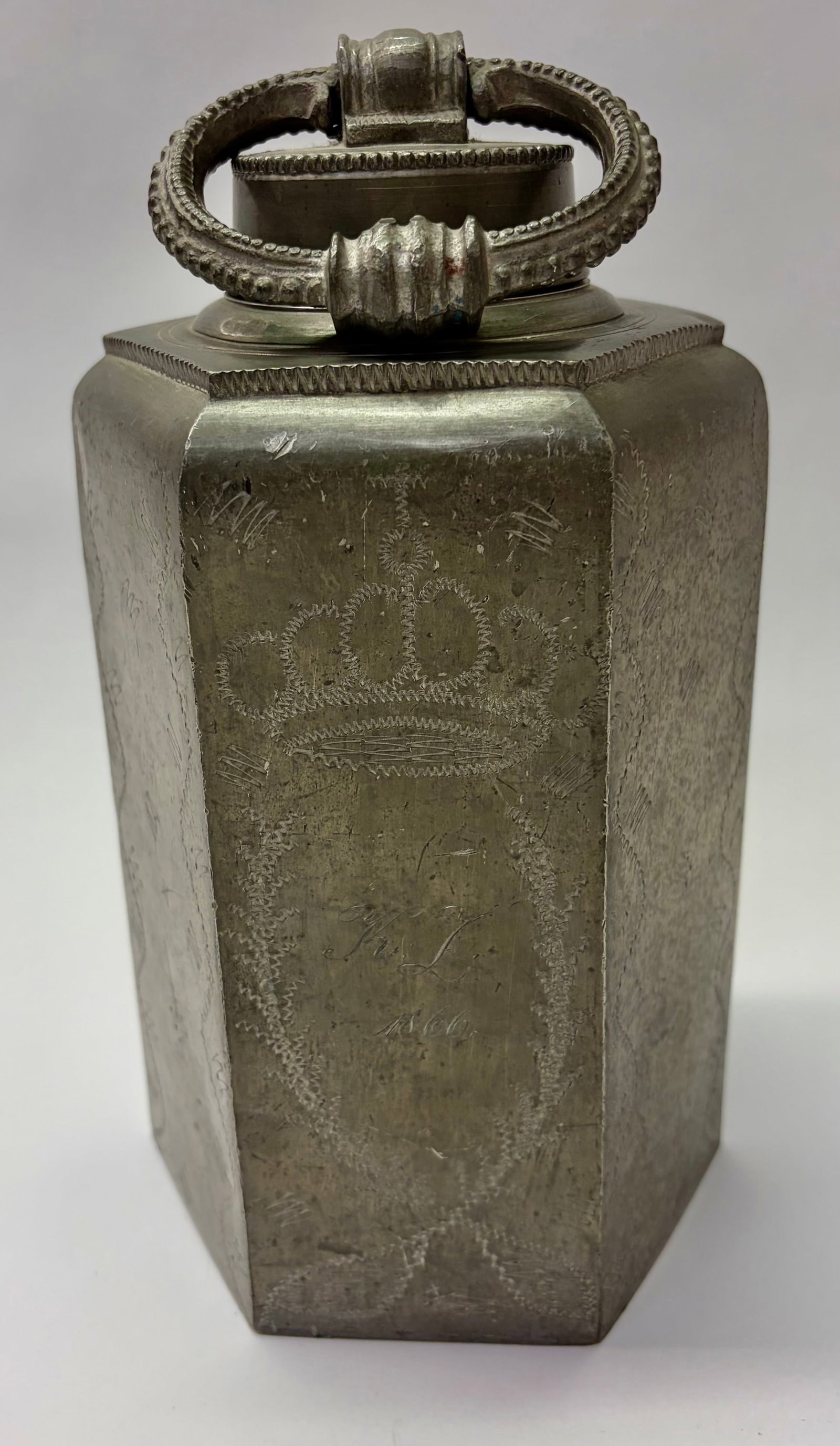 Antique 1866 Pewter Wine Flask/ Canister (1 of 8)