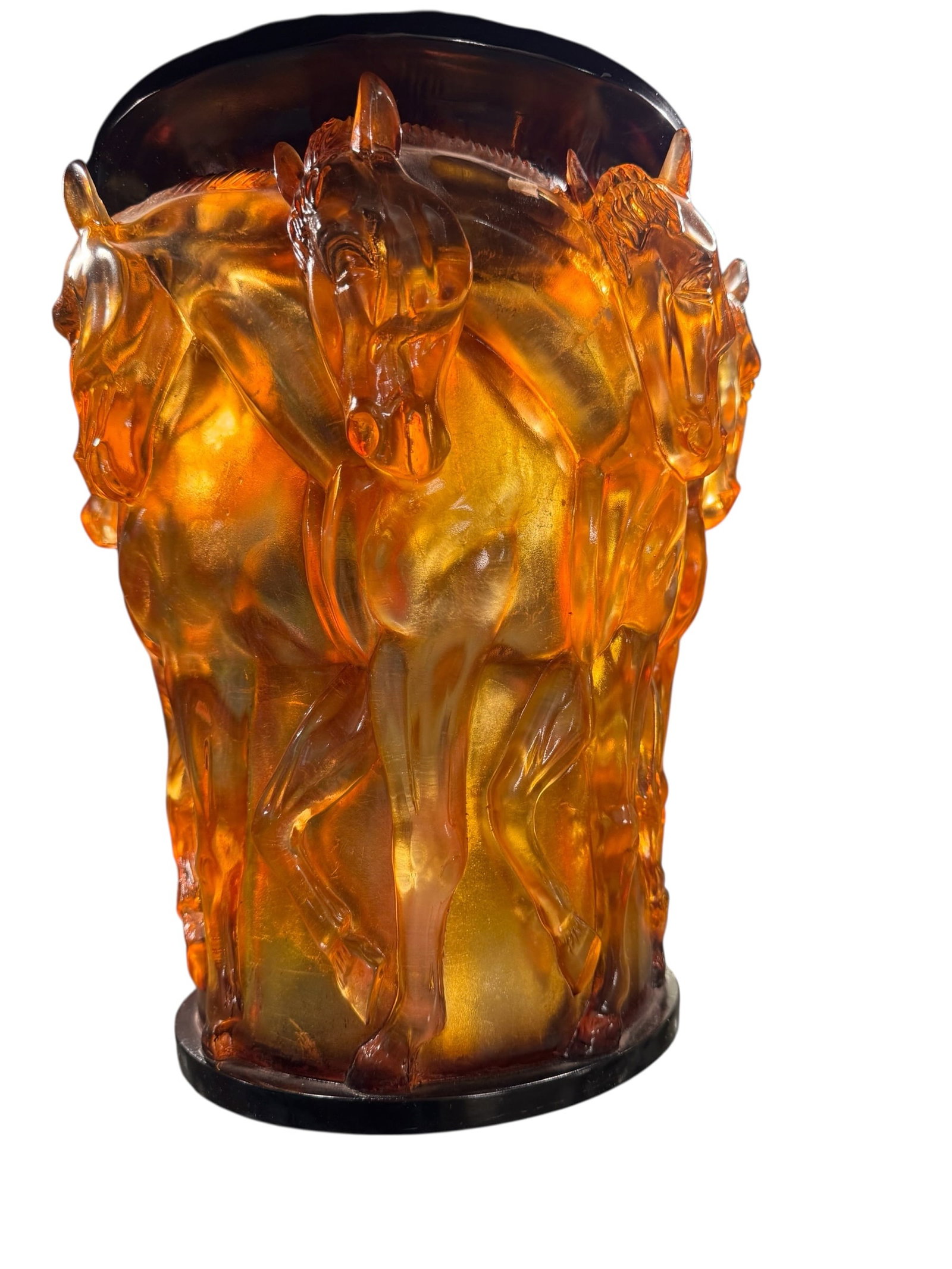 Heavy Amber Art Glass Vase with Galloping Horse Relief (1 of 2)
