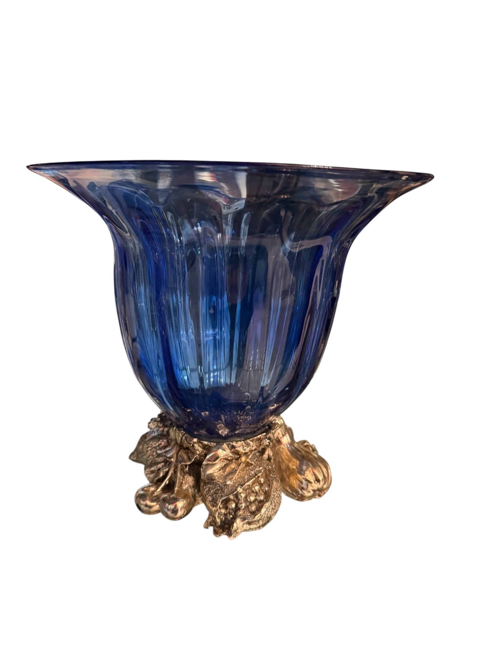 Cobalt Glass & Heavy Gilt Metal Fruit Bowl - Lighter Blue: Cobalt blue glass bowl on a heavy gilt metal base featuring high-relief fruit clusters.