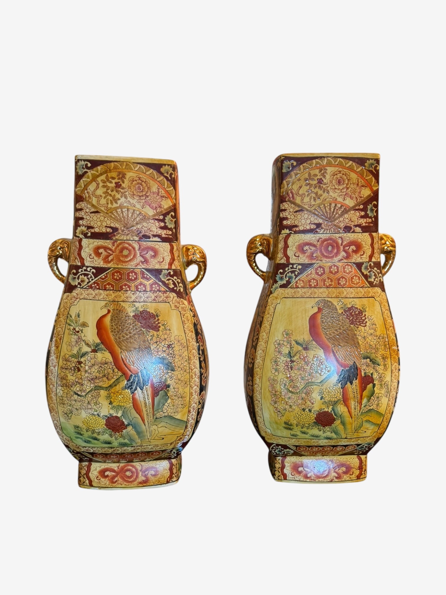 Large Satsuma Floor Vase with Elephant-Head Handles: Large rectangular porcelain floor vase. Panels of pheasants and peonies with moriage enamel. Gilt elephant-head handles.
