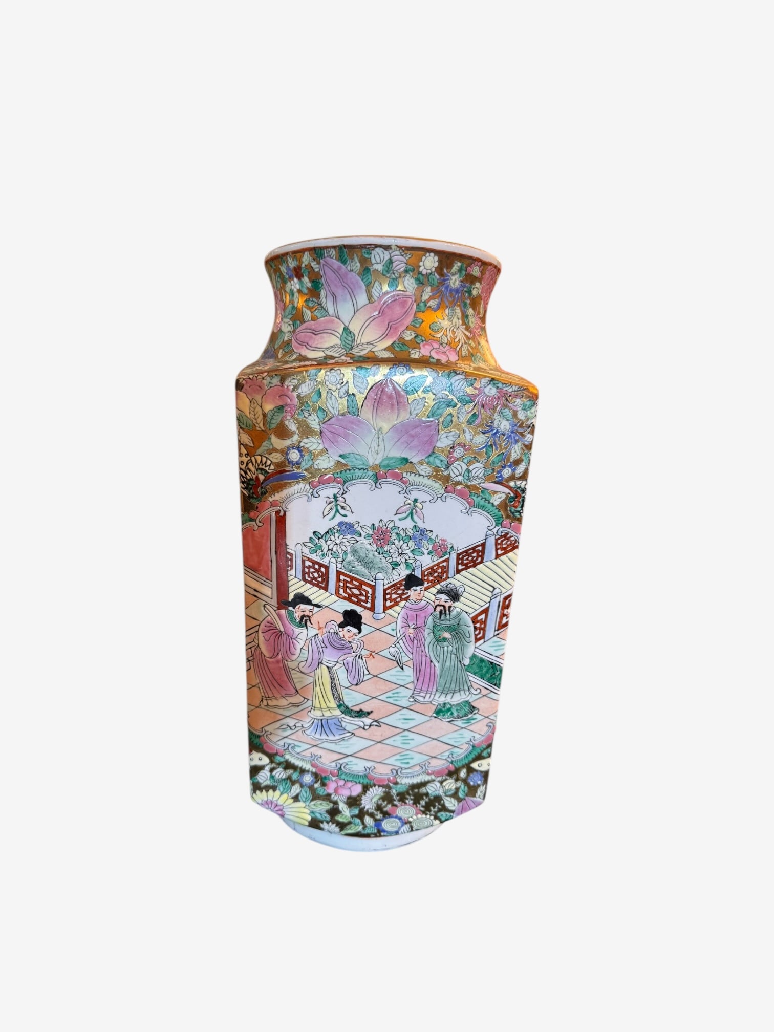 Chinese Square Yellow Ground Millefleur Vase: A large, square-bodied porcelain vase featuring a "millefleur" (thousand flowers) yellow-ground shoulder and base. The primary panels depict a traditional Chinese domestic scene with various figures