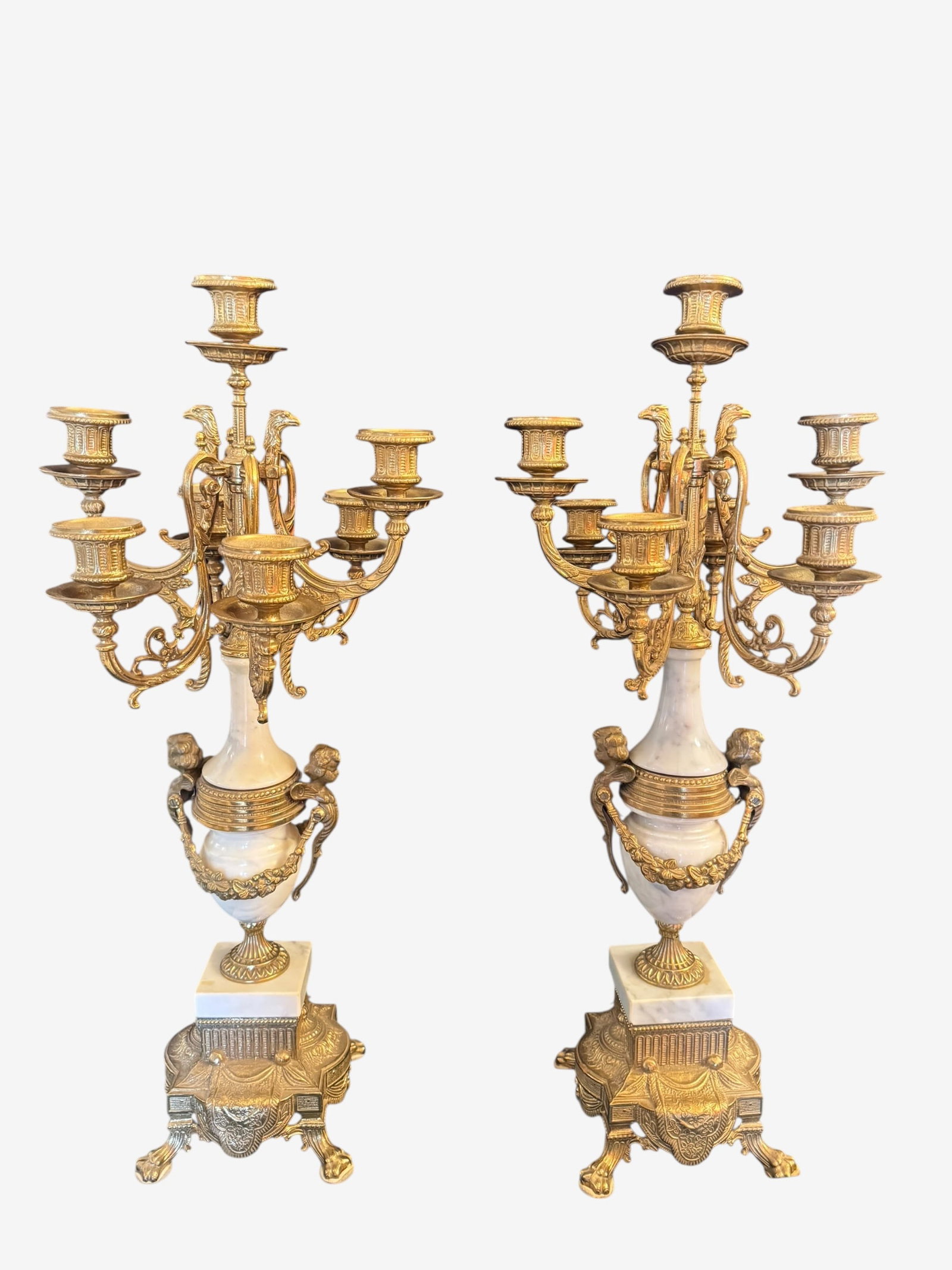 Louis XVI Style Brevettato Brass and Marble Ormolu Candelabras - set of 2 (1 of 8)