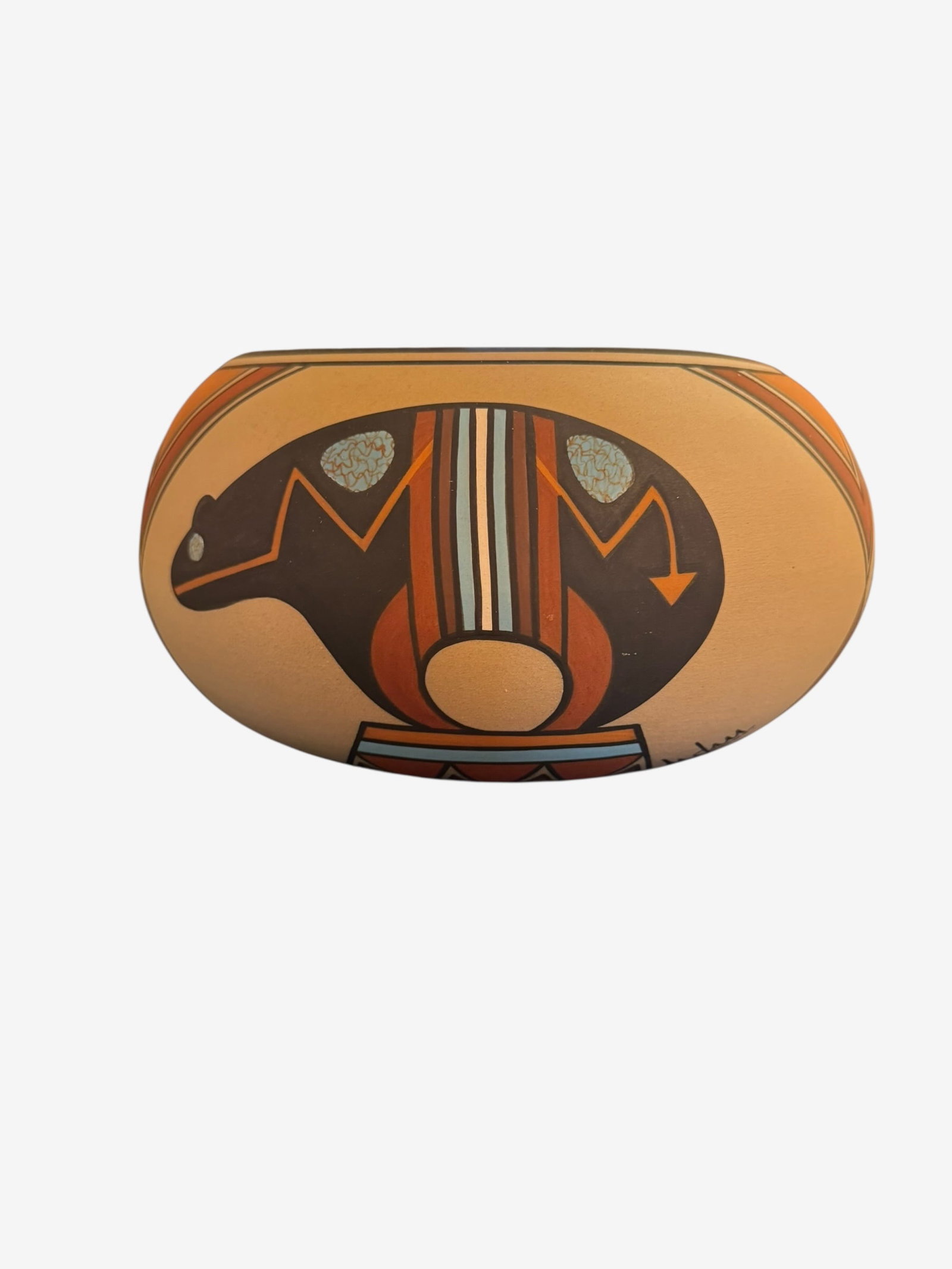"Aadam" Southwestern Studio Pottery Bear Bowl: Southwestern studio pottery bowl signed "Aadam". Hand-painted with a Zuni-style heartline bear motif and geometric patterns.