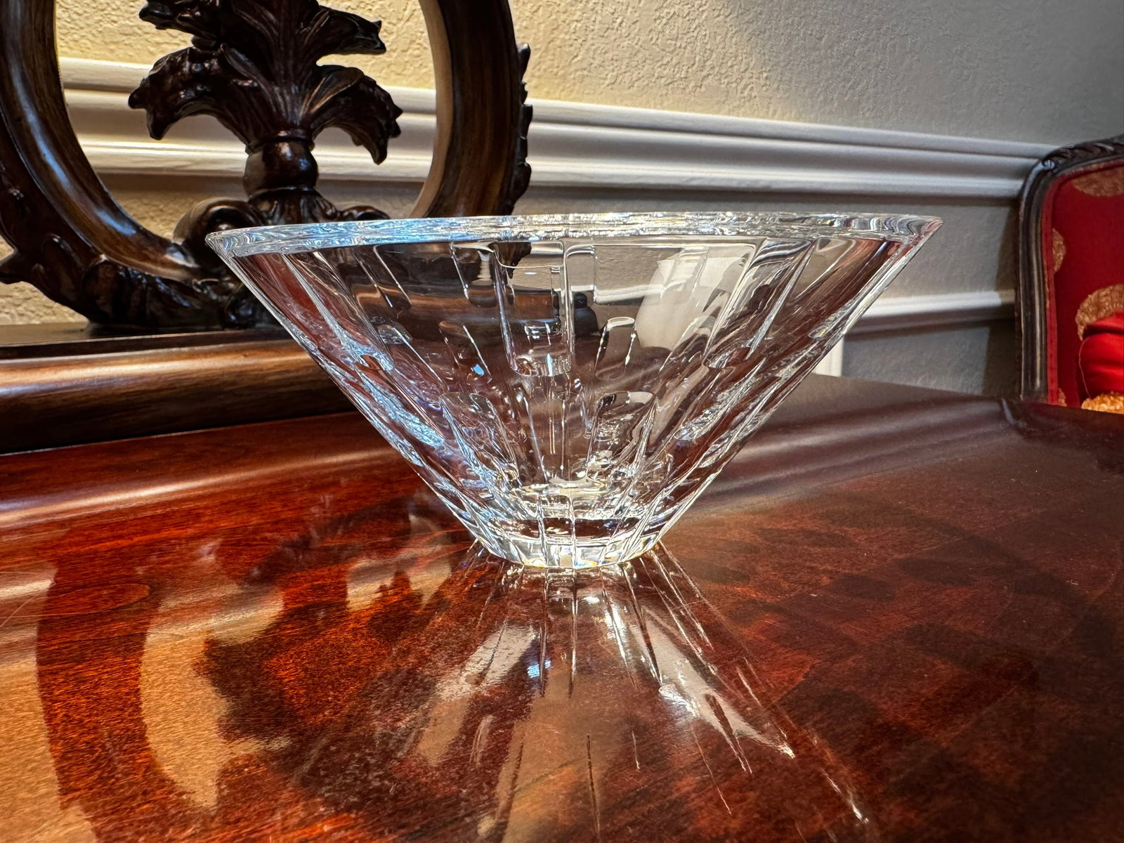 Waterford Cut Crystal Decorative Center Bowl: An elegant Waterford clear cut crystal bowl. Features heavy, brilliant geometric wedge cuts that beautifully catch the light. Perfect for decor or serving.