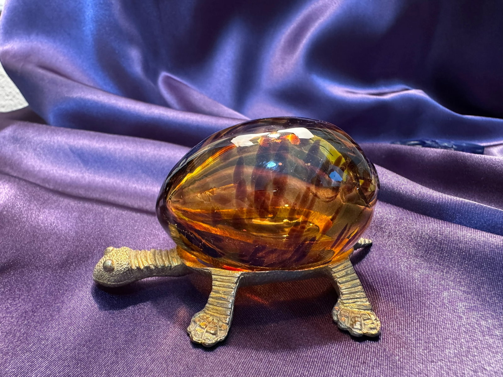 Vintage Amber Art Glass & Metal Turtle Figurine (1 of 6)