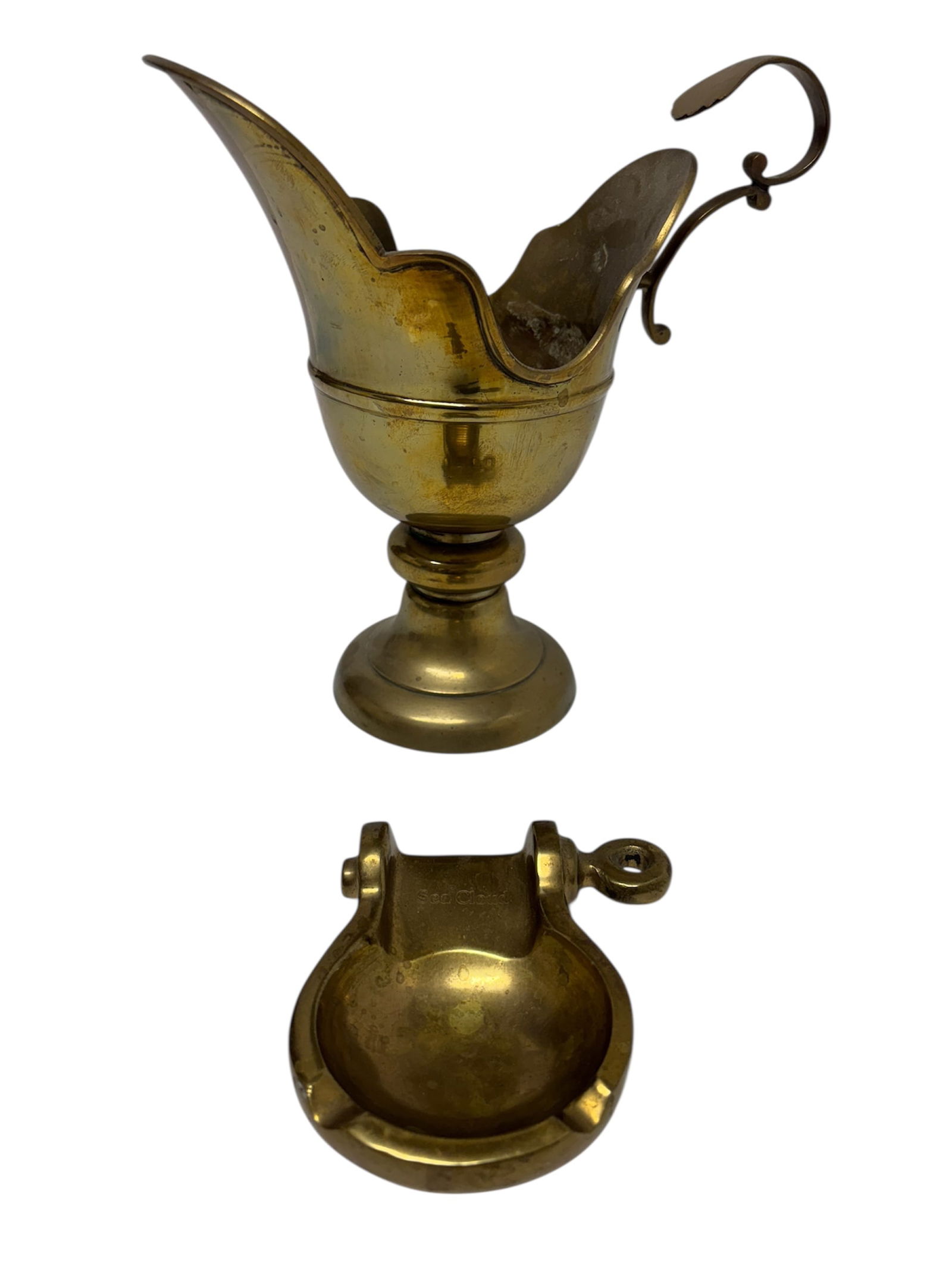 Vintage Nautical Shackle Ashtray & Brass Sauce Boat: Lot includes vintage heavy solid brass nautical shackle ashtray branded "Sea Cloud", and a vintage brass pedestal sauce boat or chalice with distinctive flared and scalloped rim design.