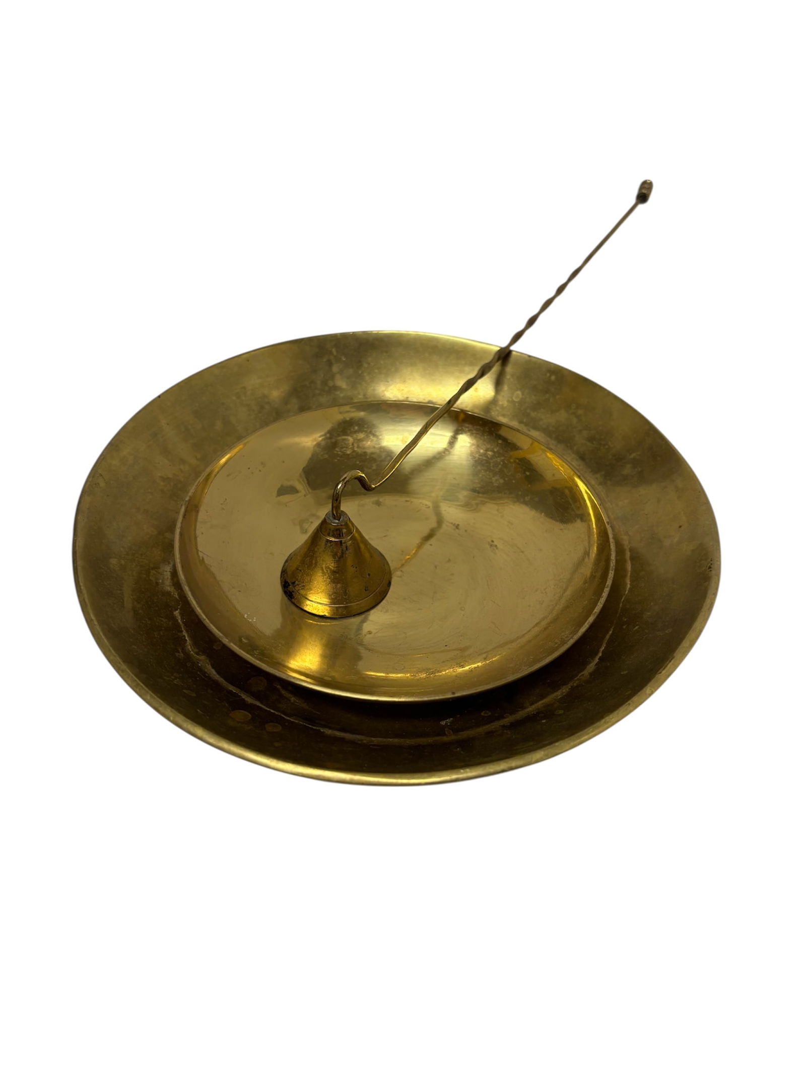 Vintage Solid Brass Trinket Bowls and Snuffer: Lot includes 2 "pocket emptiers" or trinket bowls in solid brass , 2 sizes. Made in Korea 1991 at 5 1/2" diameter shallow bowl and 7 3/4" solid brass marked, shallow round bowl. Also included a delica