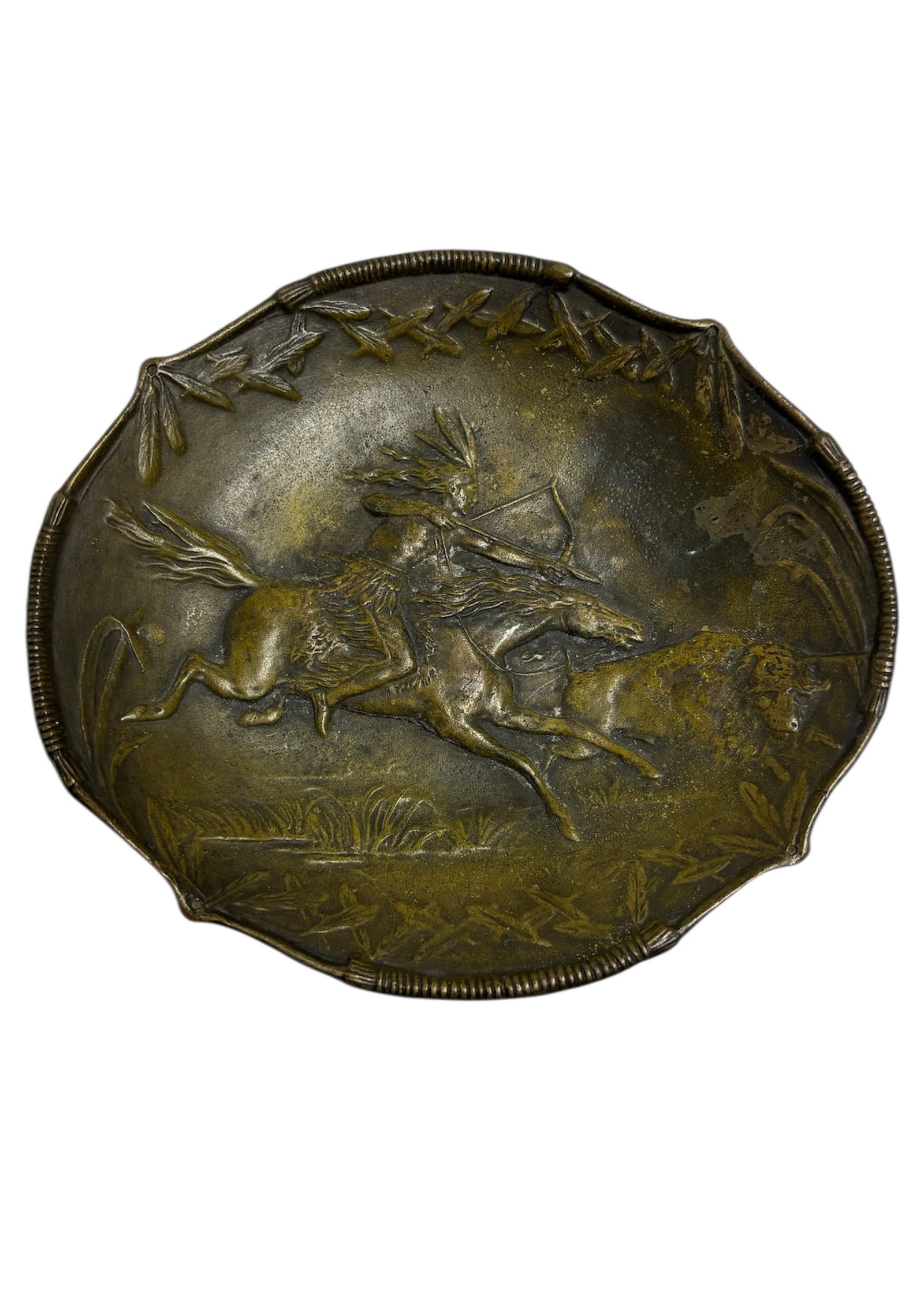 c. 1978 Cast Bronze "Buffalo Hunt" Ashtray: The central relief depicts a Native American on horseback in a hunting scene of Buffalo, marked Cresent Parts 1944-1984. 28/50