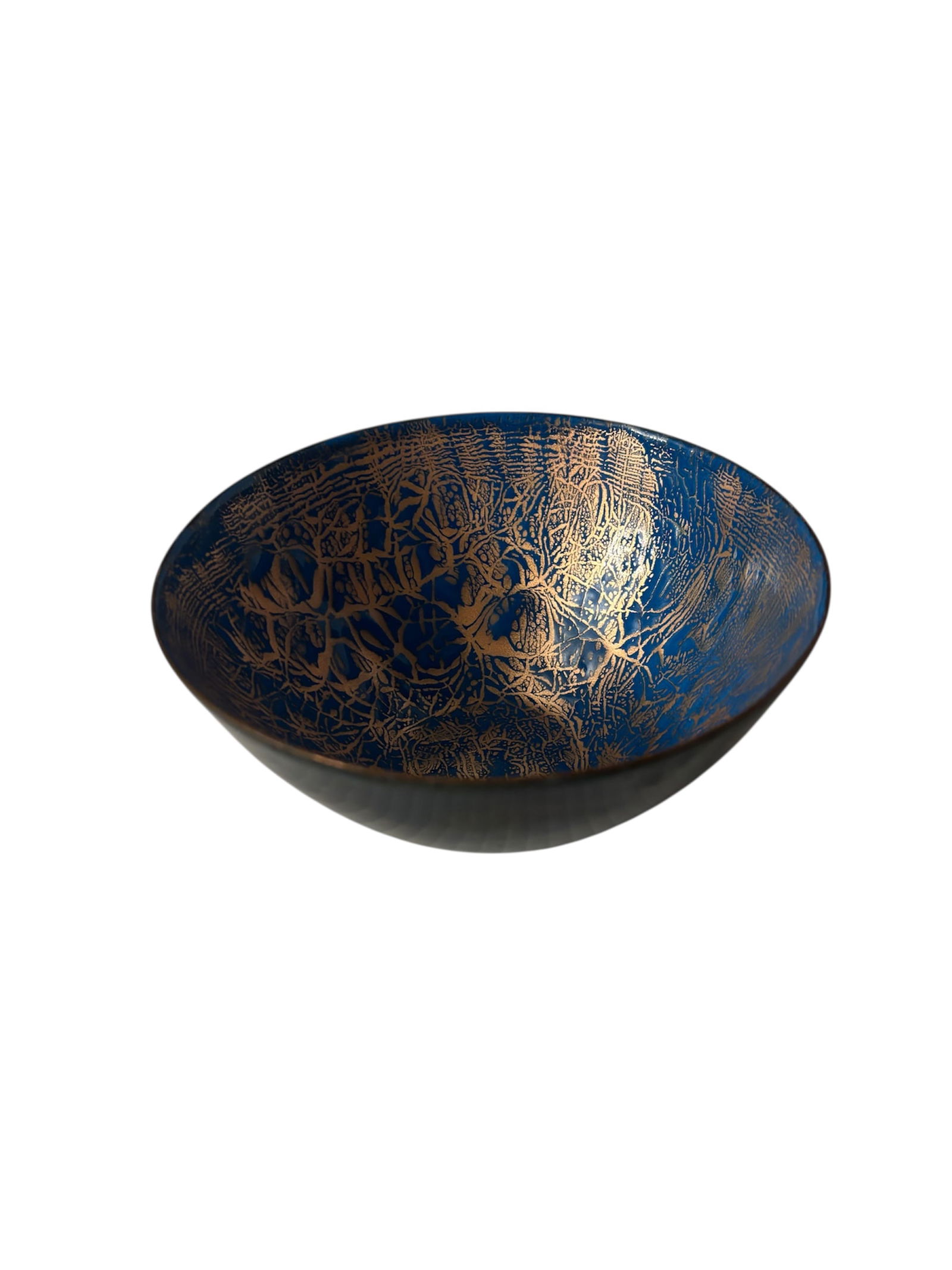 Mid Century Hand Crafted Enamel on Copper Decor Bowl: Featuring Studio Art midnight blue and black exterior glaze with a vibrant intricate blue and copper pattern on interior. Signed by artist.