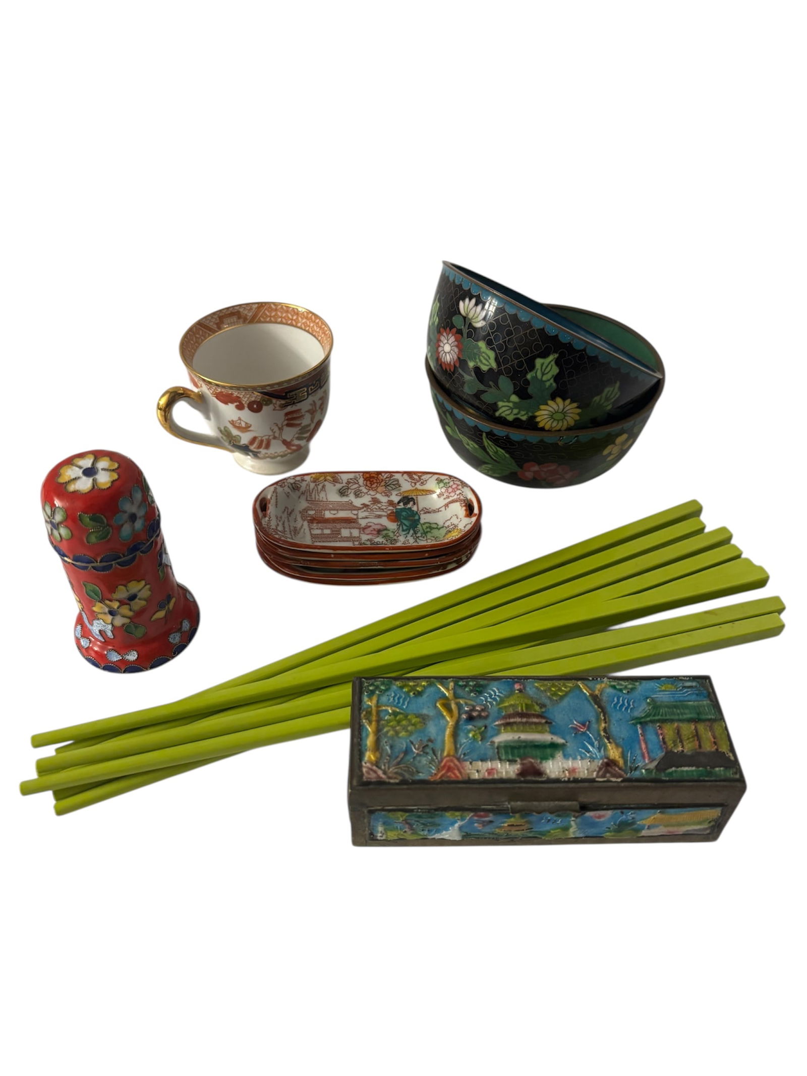 Collection of Vintage Cloisonné, Geishaware & Porcelain Trinkets: Including two Cloisonné enamel 4" bowls with floral pattern and vibrant blue and green interiors. 5 Kutani style Japanese "Geishaware" 3.5" salt cellars in vibrant orange and greens. Vintage Chinese