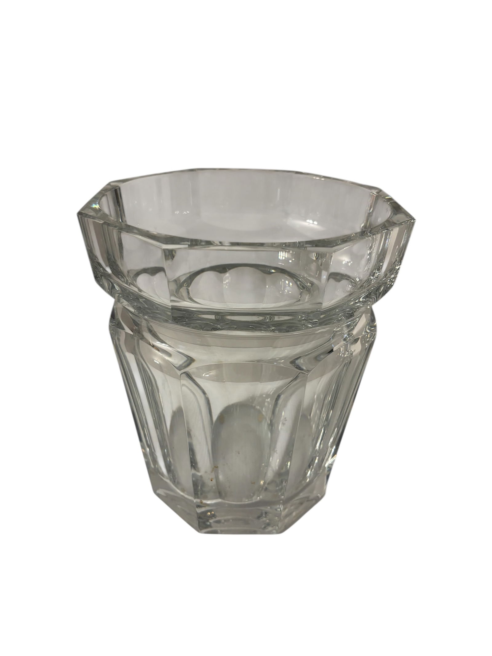 Baccarat Crystal Harcourt Champagne/Ice Bucket: Made in France, Baccarat crystal Champagne bucket has a sleek design from the Harcourt 1841 collection, with a flat cut panel throughout and a beveled hexagonal base. (marked)