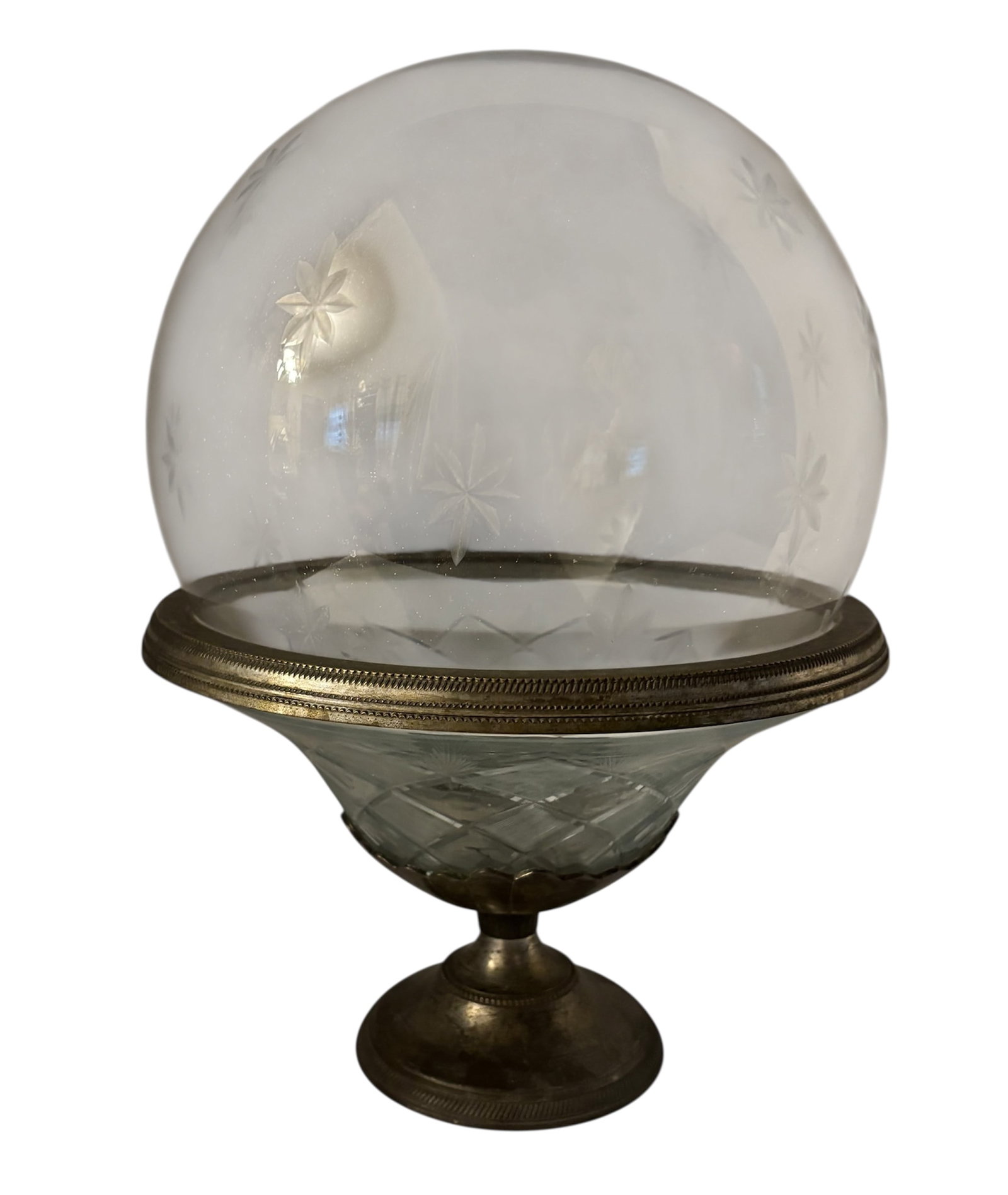 Vintage Etched Glass Pedestal Bowl With Large Glass Decorative Sphere: This glass pedestal bowl has a frosted and etched diamond detailing with a fluted silver plated pedestal rim and base. Owner used base for a lovely extra large etched glass ornament/sphere with a star