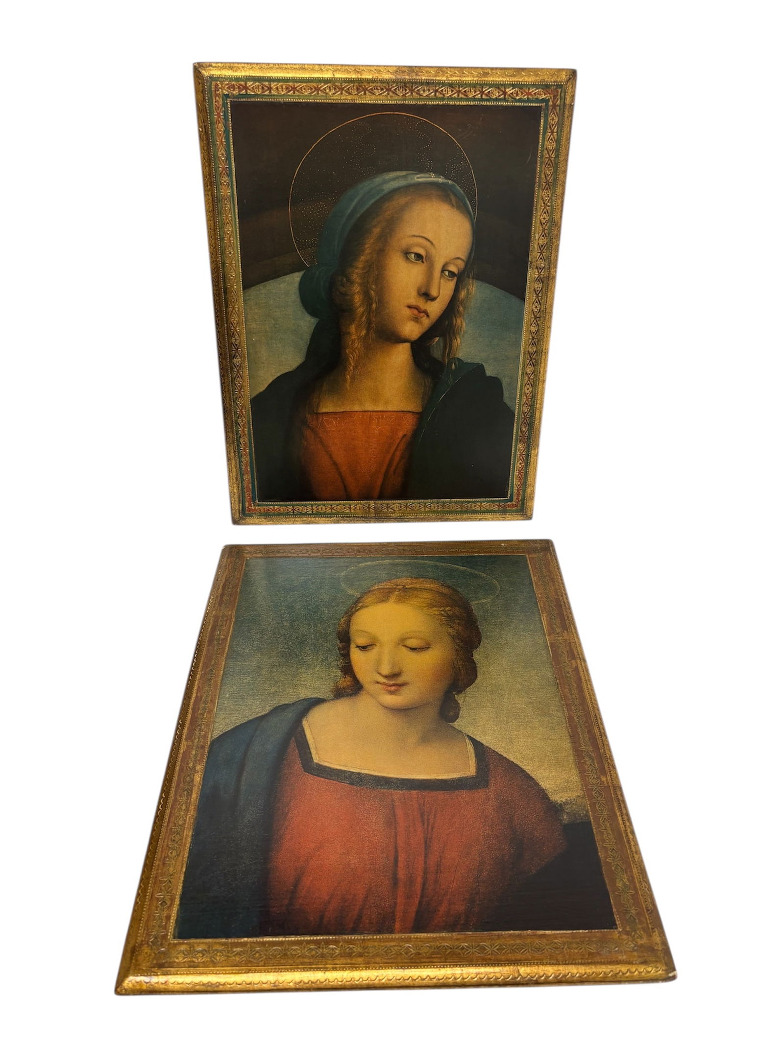 Collection of Florentine Art of Madonna: Including Madonna "Pietro Pemgino" Florentine art on board with hanger and Madonna of Goldfinch "Raffaello" Florentine art on board with hanger. Beautiful coloring bought in Florence from owner.
