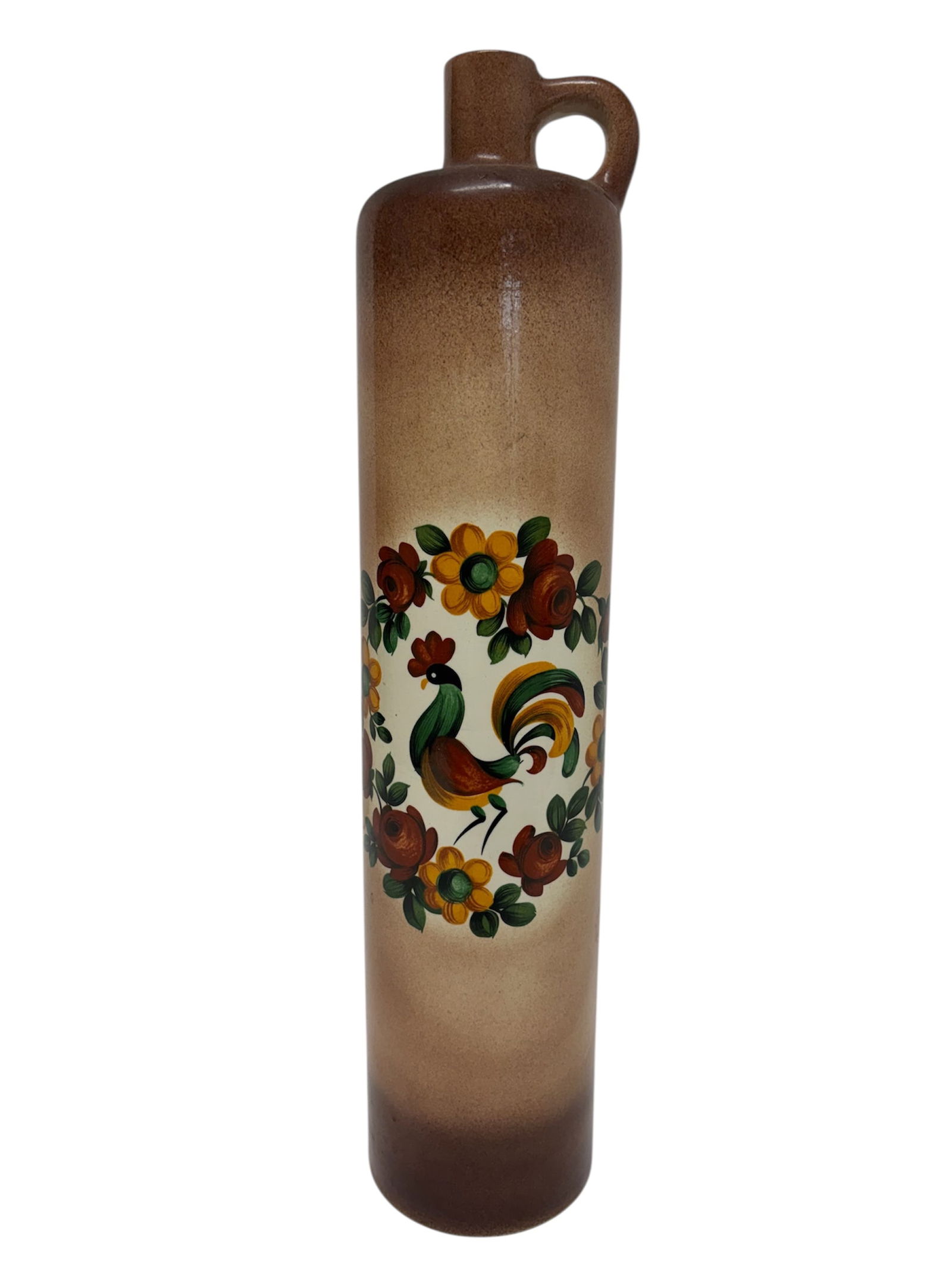 Vintag Royal Haeger Rooster Jug: Rare Royal Haeger 18" decanter/jug with vintage farmhouse or French Country design elements featuring a hand painted rooster in center surrounded by foliage wreath motif it is double sided with hombre