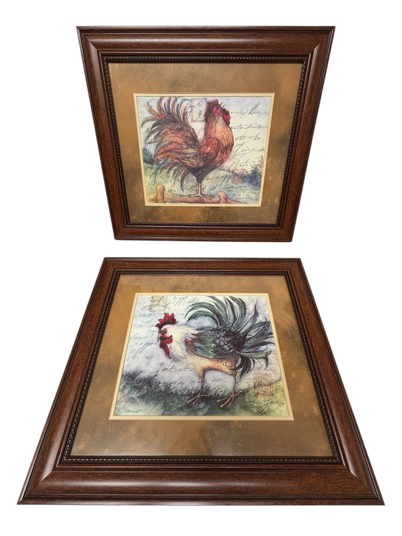 Pair of Susan Winget "Le Rooster" Prints: Including Le Rooster I and Le Rooster IV by Susan Winget, depicting well known patterns of her art and designs for Certified International dinnerware. Newer wood frames with hobnail rim detail matted