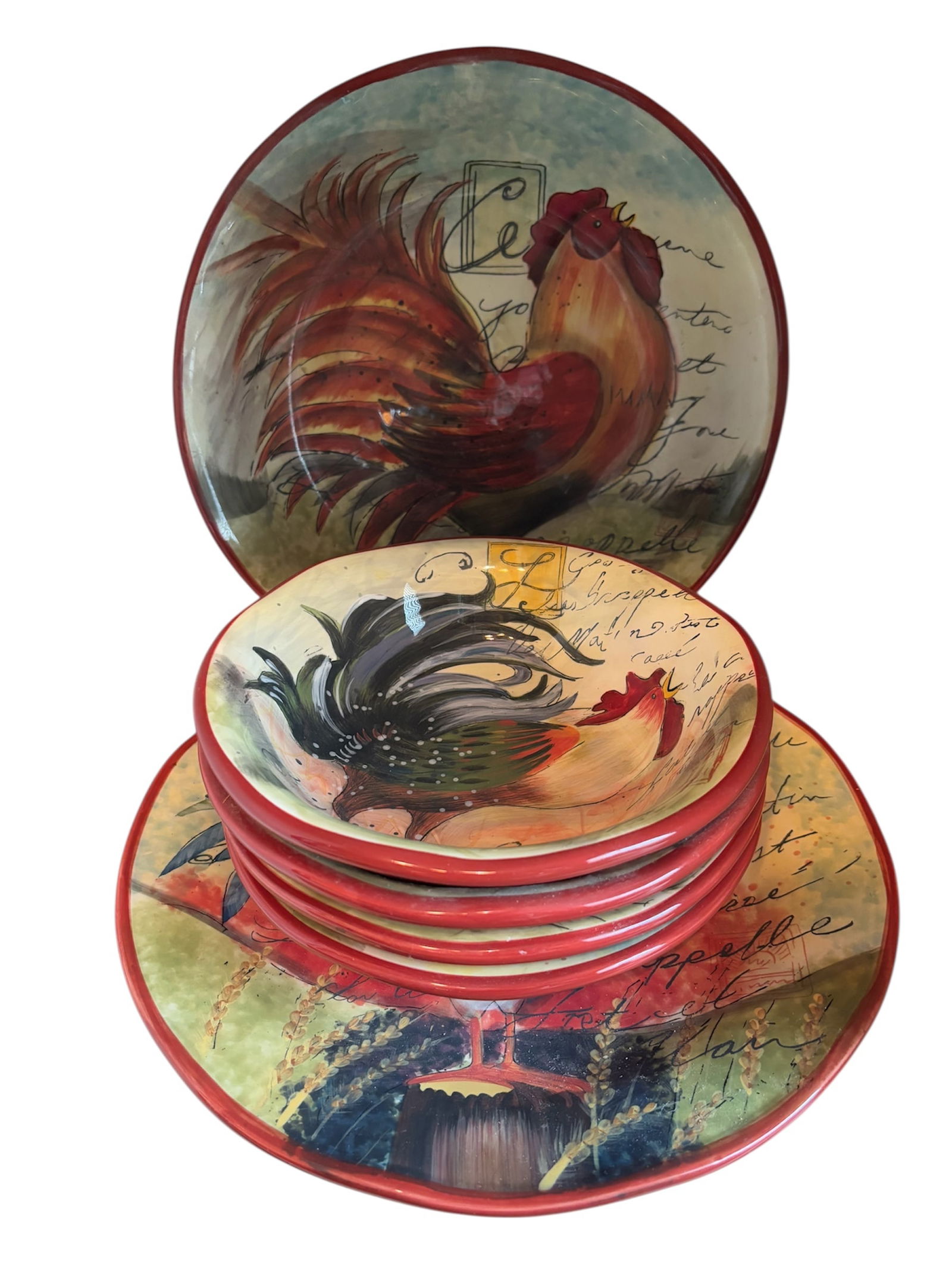 Set of Le Rooster Dinnerware by Susan Winget for Certified International: 4 - 8.5" Coupe soup bowls1 - 13" Serving Bowl1 - 13" Serving PlatterIn durable earthenware, microwave and dishwasher safe. Featuring colorful hand painted style rooster designs with a rustic French Co