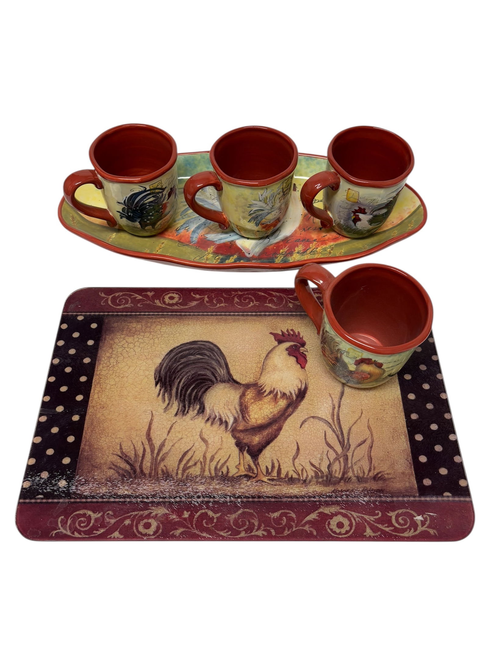 Le Rooster Coffee Mugs & Serving Platter by Susan Winget for Certified International: 4 - Large coffee mugs1 - 20" Oval platterFeaturing colorful hand painted style rooster design with a rustic French Country feel and French Script in background. Durable earthenware microwave and dishw