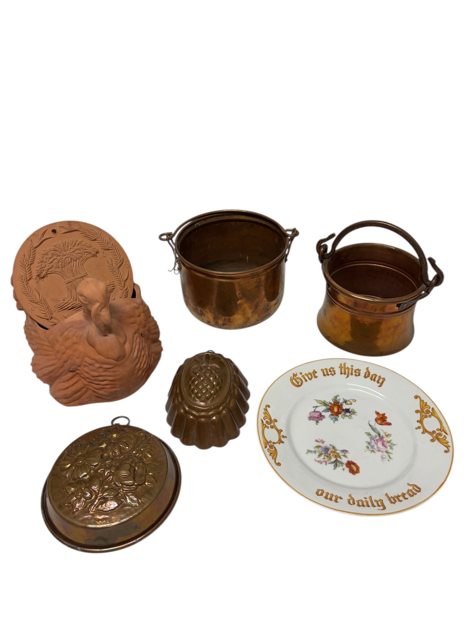Collection of Vintage Copper & Terra Cotta Serving Pieces: Including terra cotta place warmer 6.5" depicting harvest wheat motif, a terra cotta Turkey napkin holder or planter and 2 vintage copper small cauldron pots with handles and 2 small copper molds with