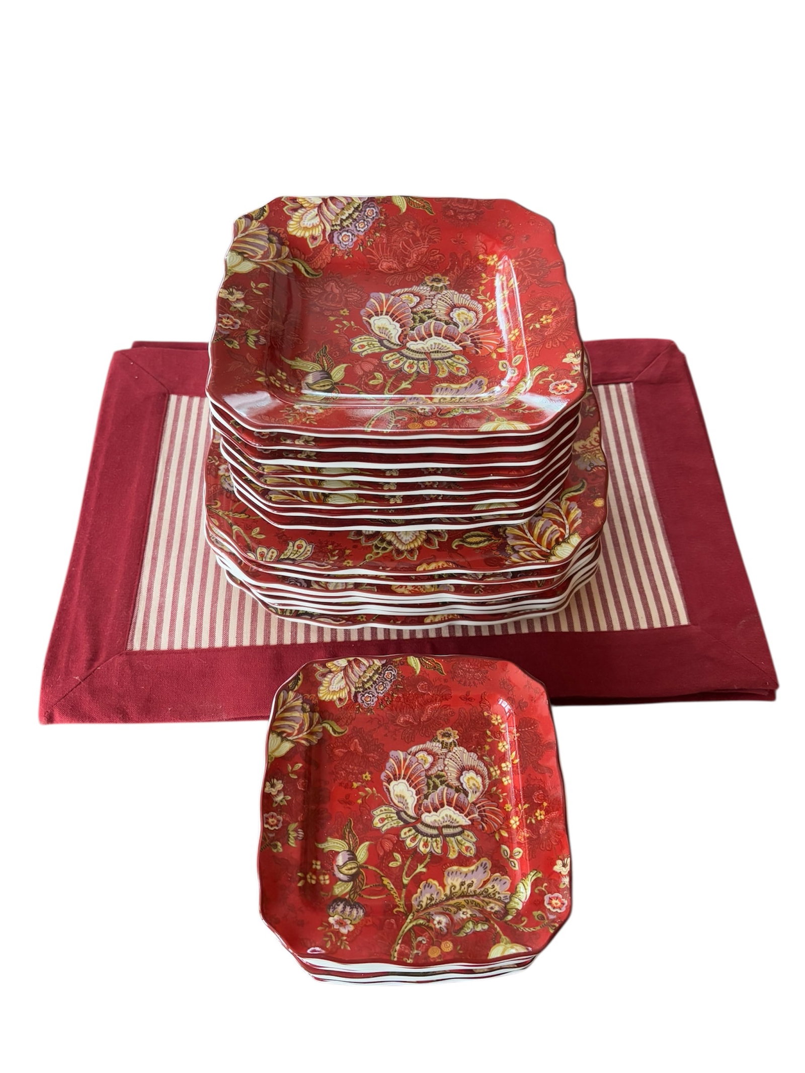 Fifth Gabrielle Red Square Dinnerware: "Gabrielle Red" pattern, great for a summer garden party! Square shaped with scalloped edge featuring a red and gold floral and paisley pattern. Microwave and dishwasher safe porcelain dinnerware. Als