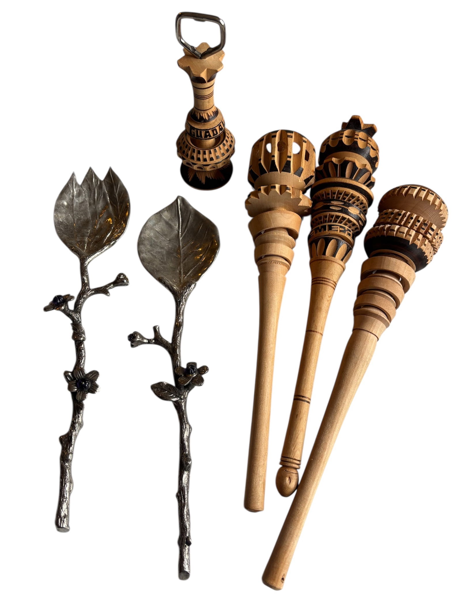 Assorted Handcrafted Mexican Molinillos & Bombay Silver "Leaf & Twig" Salad Servers: Assorted grouping of handcrafted Mexican Molinillos, traditional wooden whisks used for preparing hot chocolate. I Mexican handcrafted bottle opener complimentary to molinillos group. Also included in