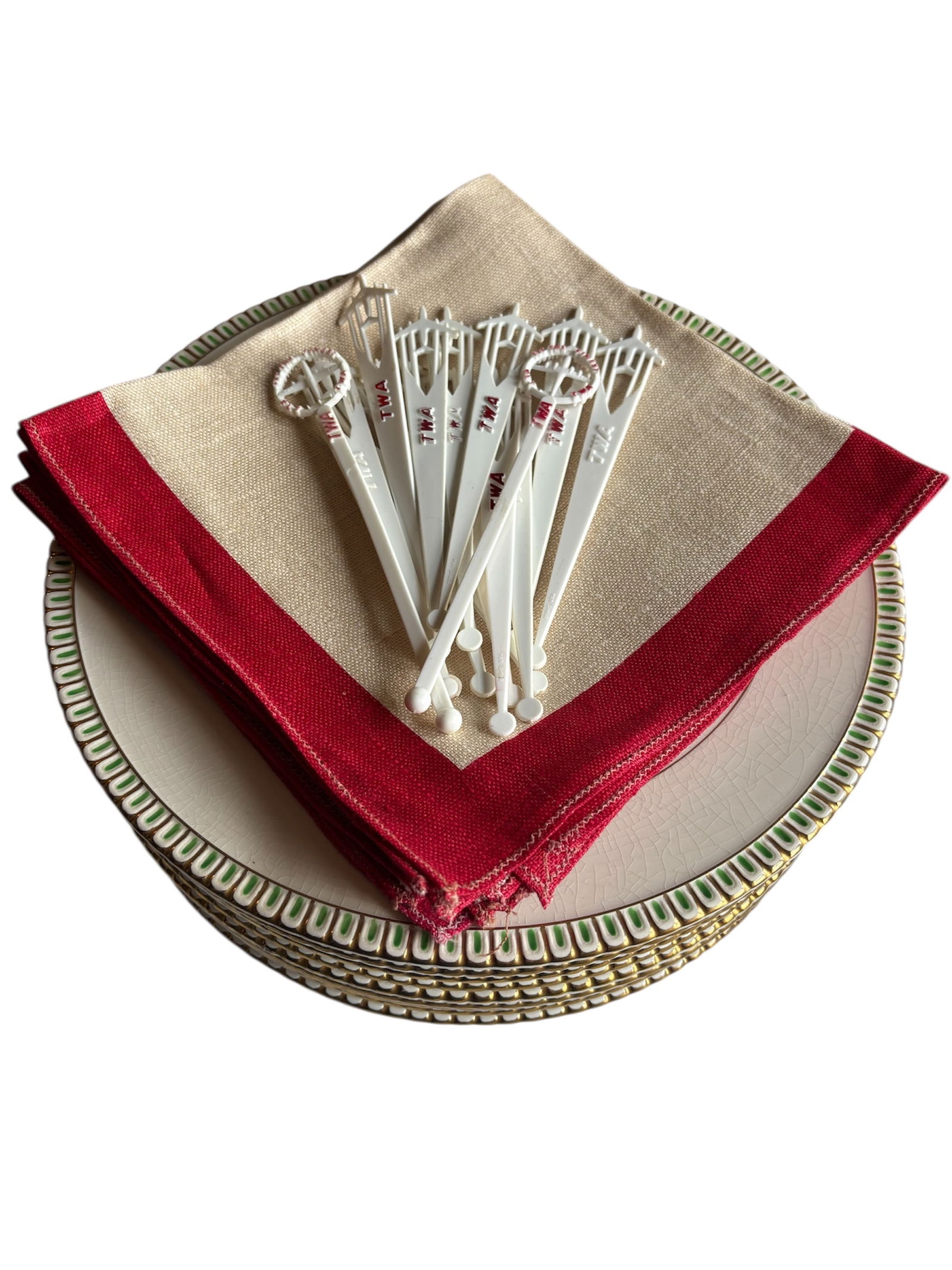 Mid Century TWA Swizzle Sticks & George Jones and Sons China: This set of 10 mid century cresent ivory English china dinner plates feature a hand painted detail on rim with green and gold border, "Cresent Laurel Leaf Border" pattern. c. 1950. Also included in lo