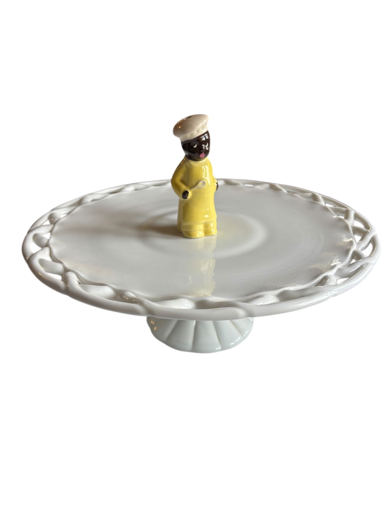 Vintage Lace Edge Milk Glass Cake Stand & Vintage Pie Bird: 14" milk glass cake/pie stand featuring a scalloped or open lace pattern on rim with ribbed pedestal base, possibly Pitman Dreitzer and also included in lot vintage Black Americana pottery pie bird de