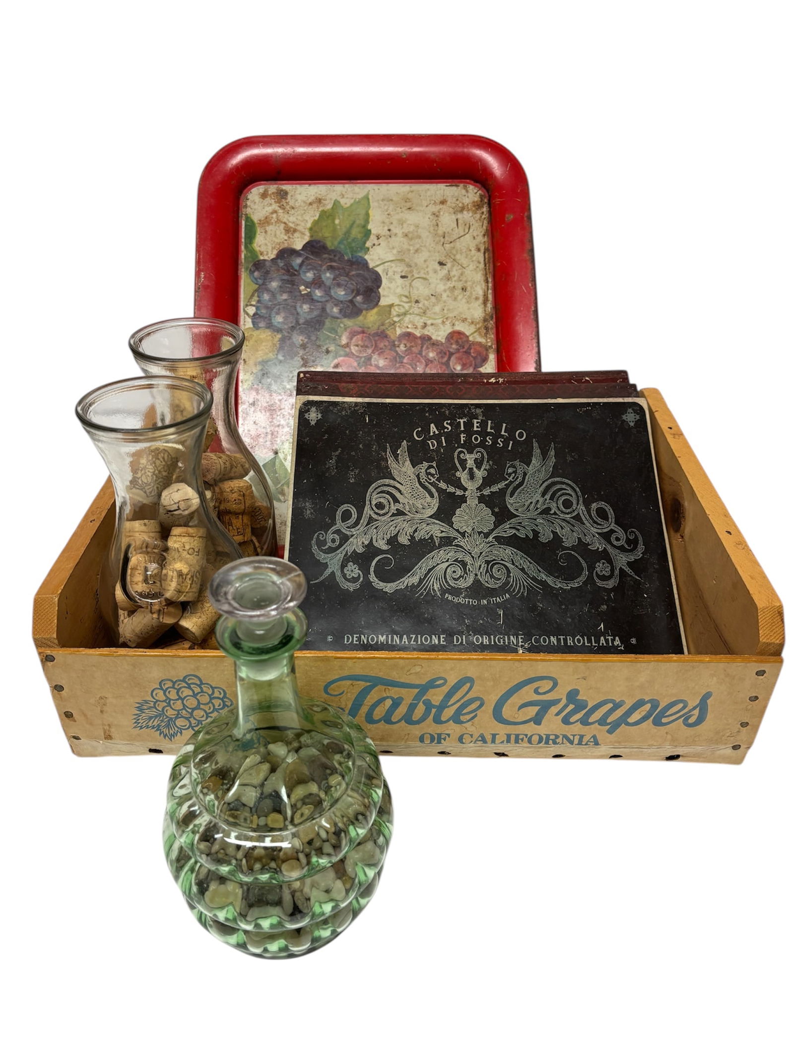 Collection of Vino Inspired Home Decor: Including rustic mid century grape motif metal tray in bold colors with red border, 3 assorted styles in wine motif printed 12' tiles for decor or functional serving chargers. Also included in lot a v