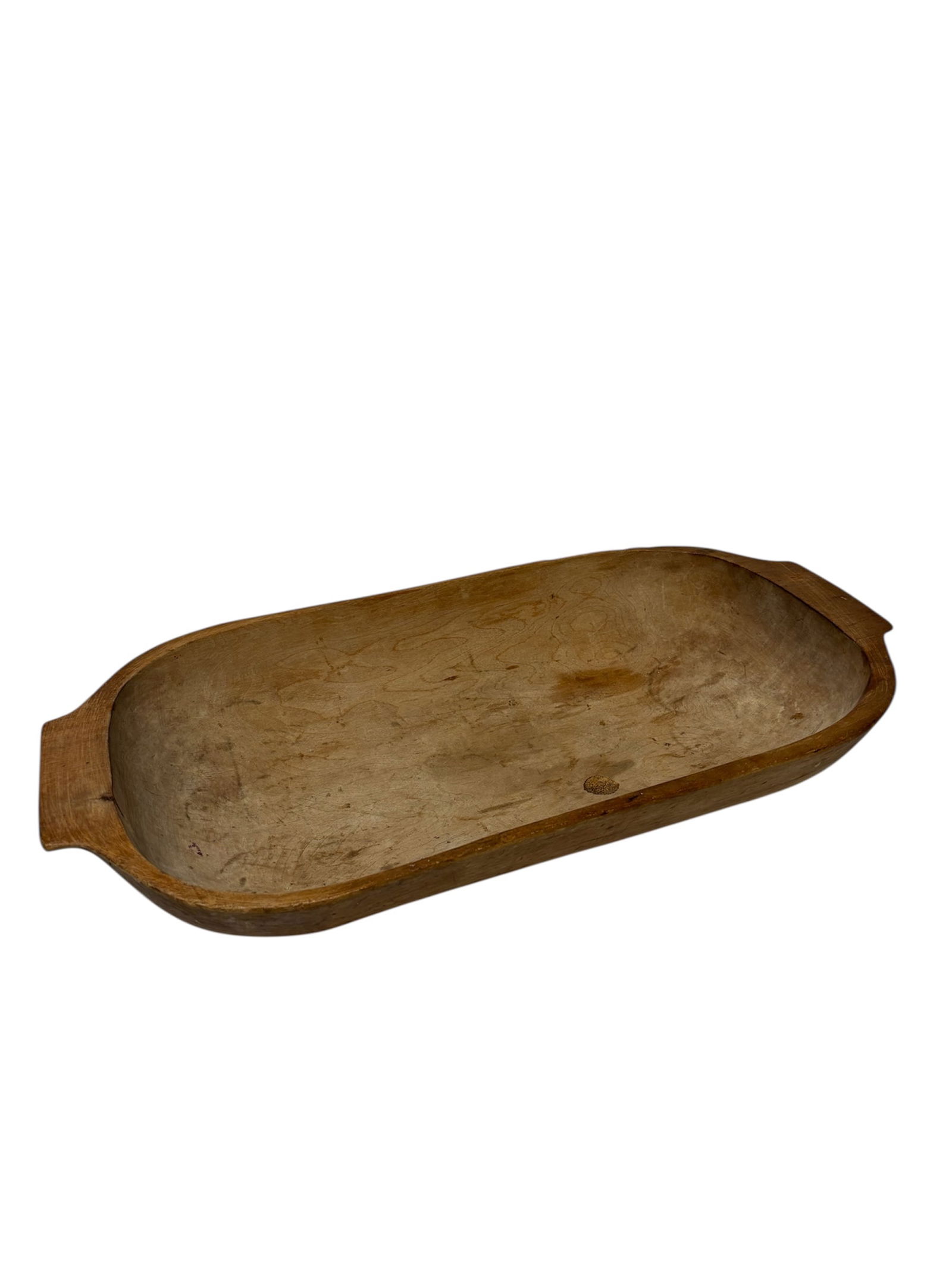 Vintage Fruitwood Dough Bowl: Hand carved piece, with a soft rustic natural wood used as decorative accent piece in home. Slight handles on each end.