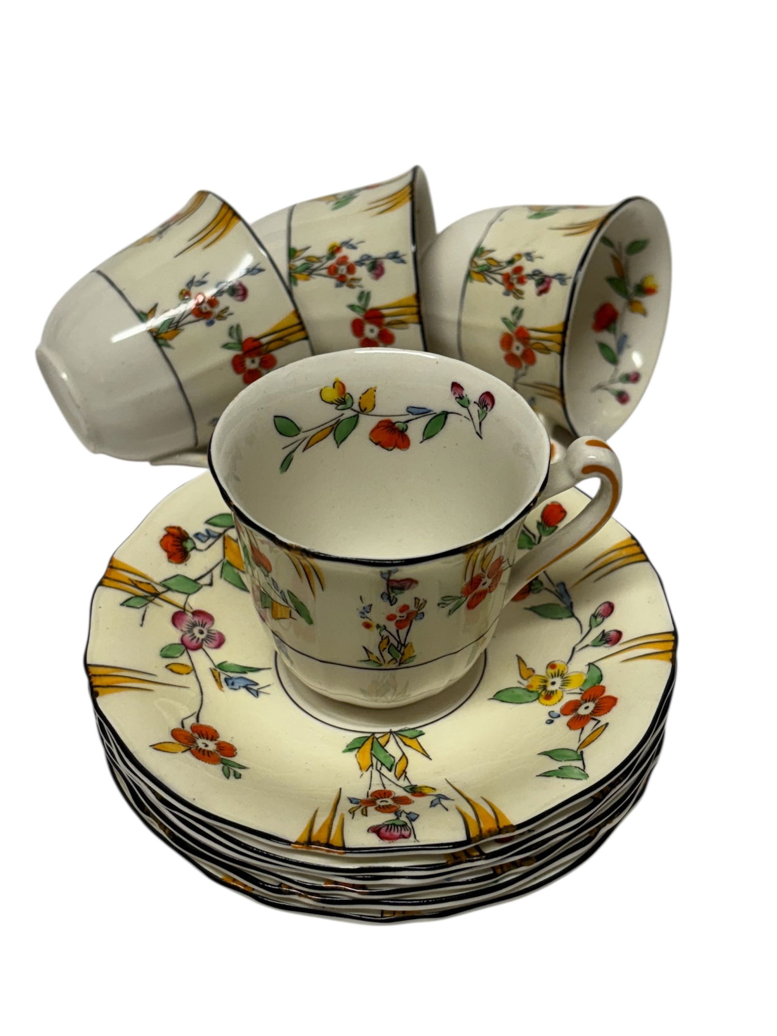 Alfred Meakin Demitasse Set: Features traditional floral design with yellow and cream background trimmed in gold and black late 1800s early 1900s. refined ceramic pottery 6 saucers and 4 demitasse cups, Made in England.