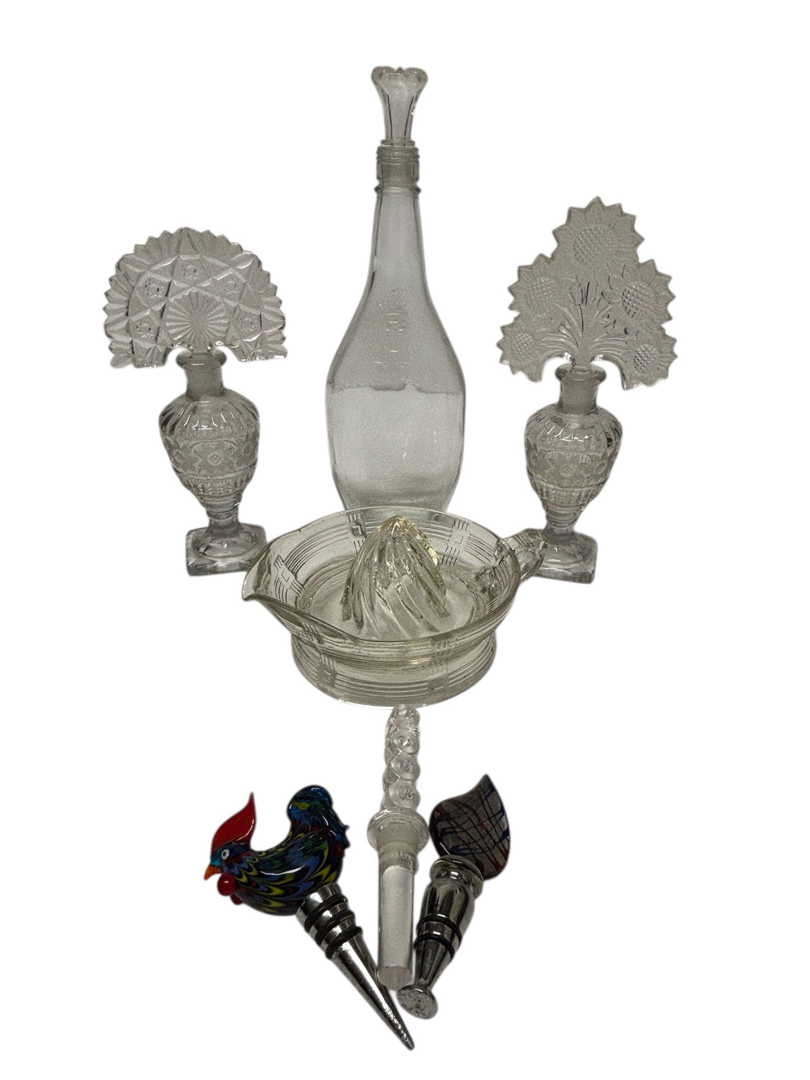 Vintage Glass Imperial Collection & More: Imperial glass Art Nouveau design depicting sunflowers perfume bottle and stopper, and Imperial Glass fan shaped perfume bottle with stopper, mid century modern glass citrus 8" reamer/juicer with art