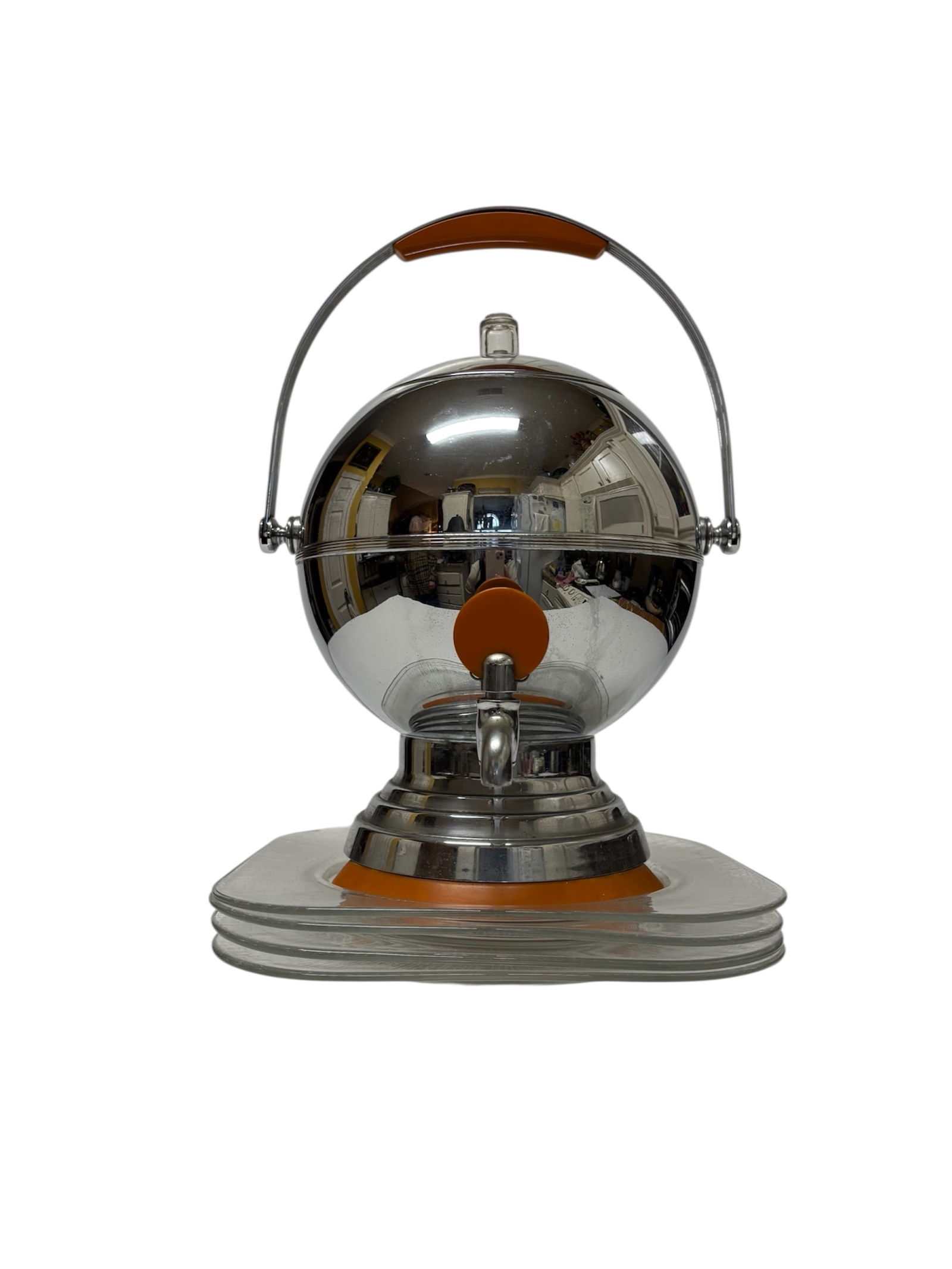 Mid Century Art Deco "Coffee Globe" Chrome Percolator by Manning Bowman & Co.: This spherical percolator referred to often as a coffee globe, features gleaming chrome and orange Backlight trim on the handle and base. Highly collectible. Also included in lot Mid Century Modern sq