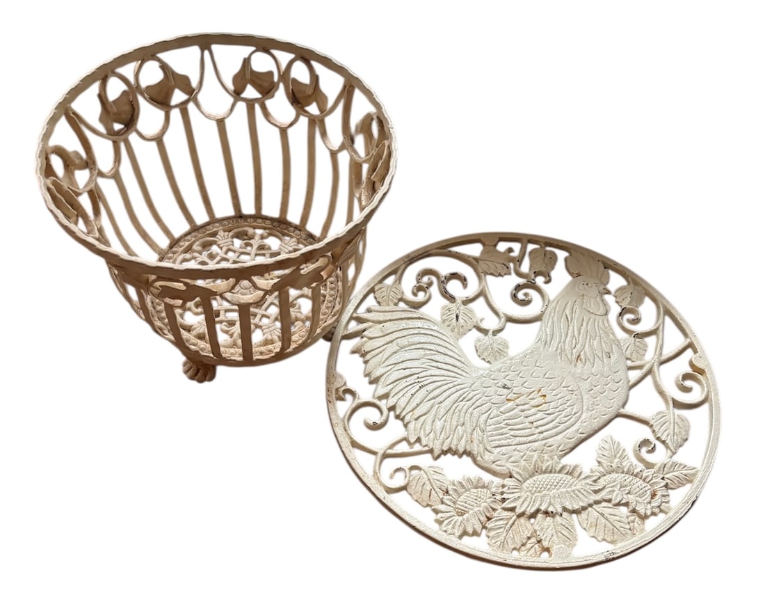 Cast Iron Rooster Door Mat & Complementary Cast Iron Basket: 17" round ivory cast iron rooster door mat surrounded by sunflower motif and decorative border. Also included a square cast iron in ivory/beige basket with open ironwork design and paw feet.10" tall
