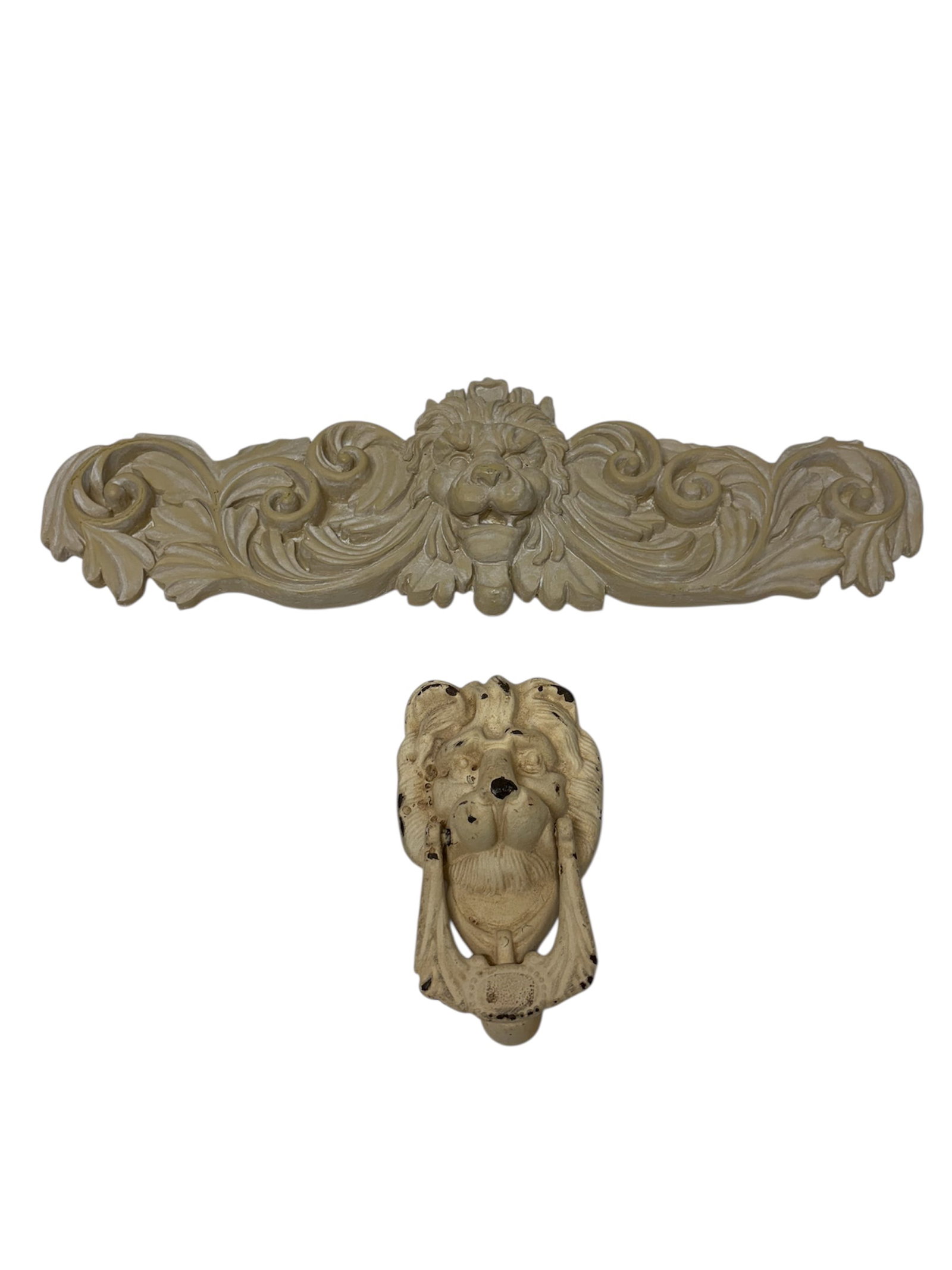 Assorted Cast Iron Home Decor: Including 7" Lion door knocker, Lion with scroll work "over the door hanger" wall accent both in ivory/off white distressed finish.