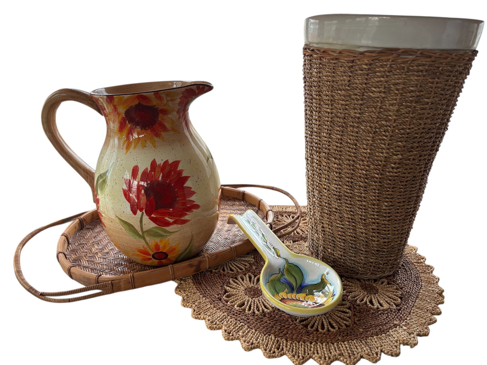 Pfaltzgraff Sunflower Pitcher & Kitchen Home Accents: "Evening Sun" hand painted pattern by Pfaltzgraff, this pitcher is microwave and dishwasher safe. Also included a newer bamboo rim two handle basket tray, a 1960s sunflower woven basket style charger