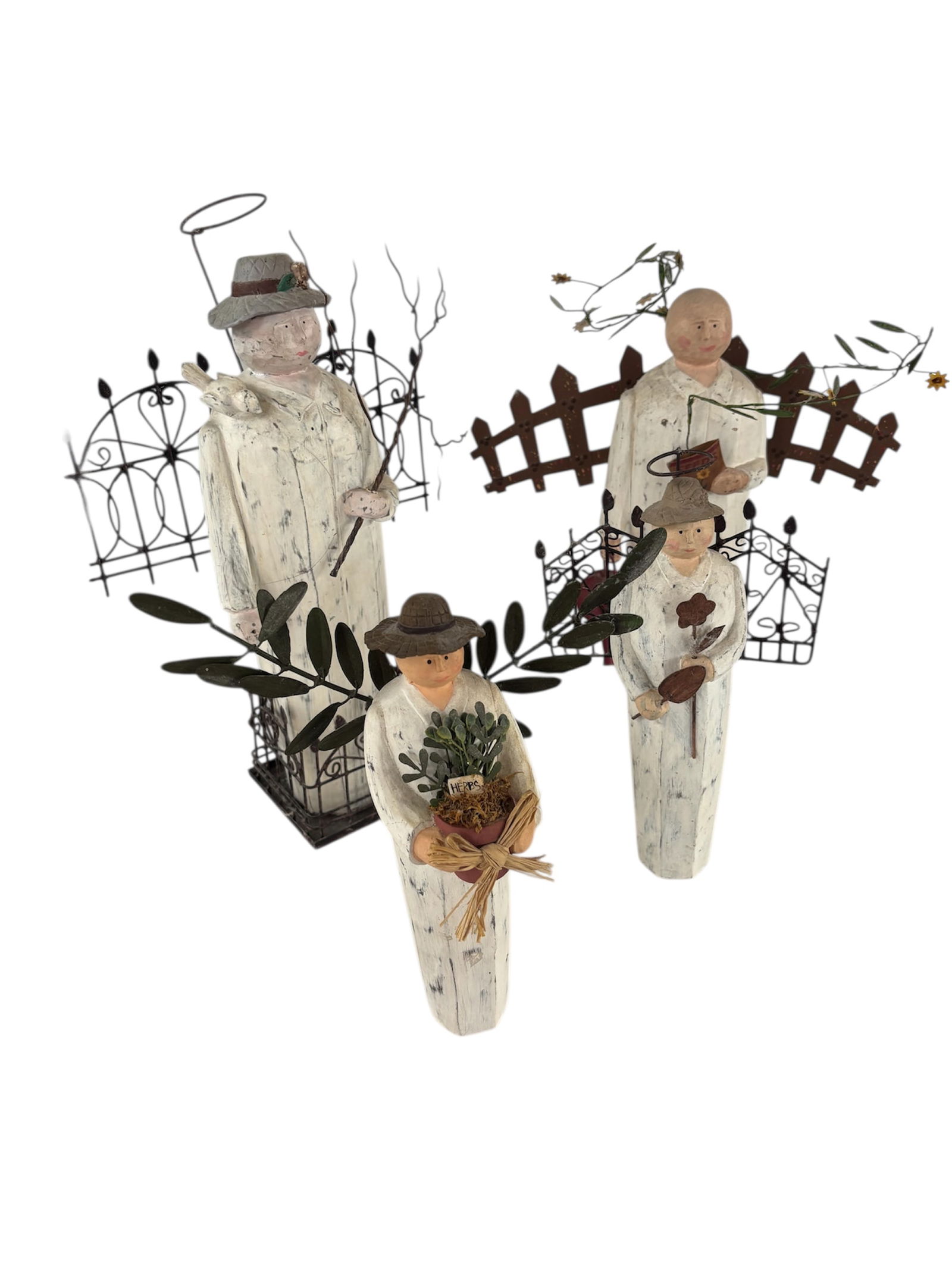 Collection of Gallerie II Garden Angels: Gallerie II known for folk art carved wood aesthetic figures c. 1990, featuring weathered white finish garden themed with foliage and fences, very collectible, Made in the Philippines. Set of 4